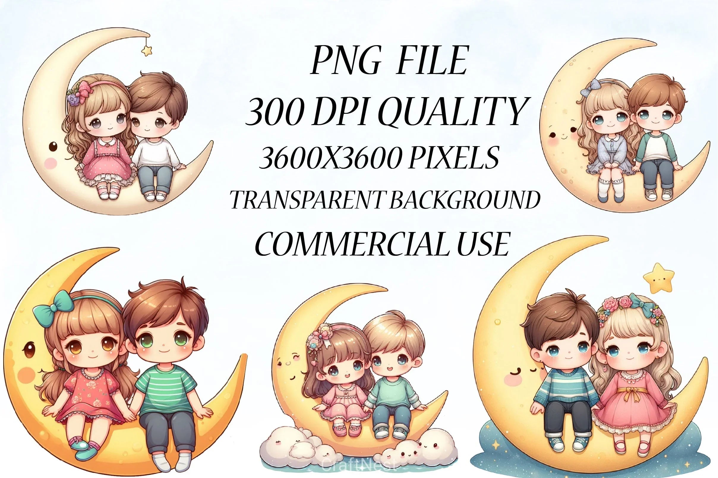 Boy & Girl Moon Clipart Bundle - CraftNest - Digital Crafting and Art