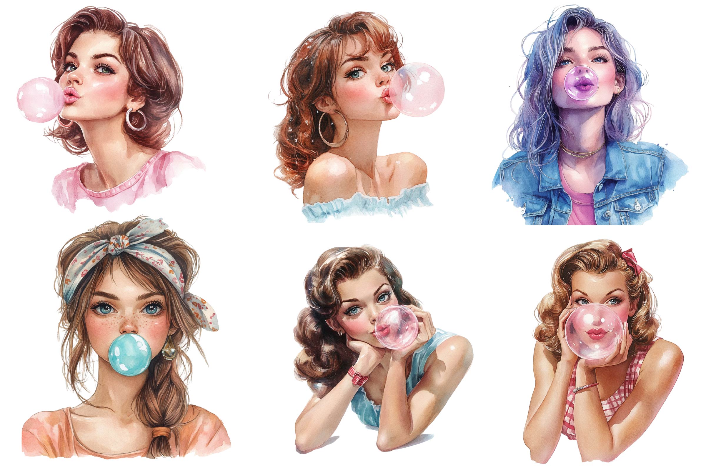 Retro Girl Blowing A Bubblegum Clipart Bundle - CraftNest - Digital Crafting and Art