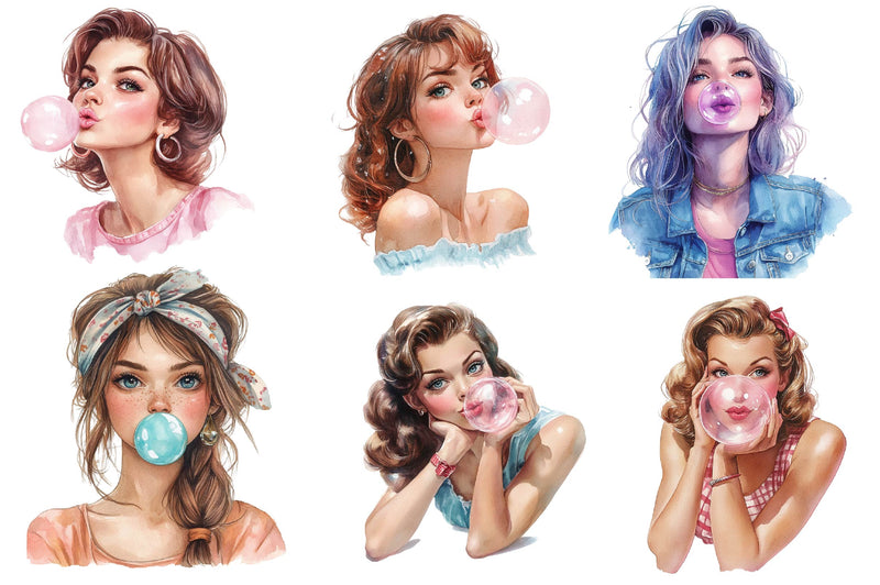 Retro Girl Blowing A Bubblegum Clipart Bundle - CraftNest - Digital Crafting and Art