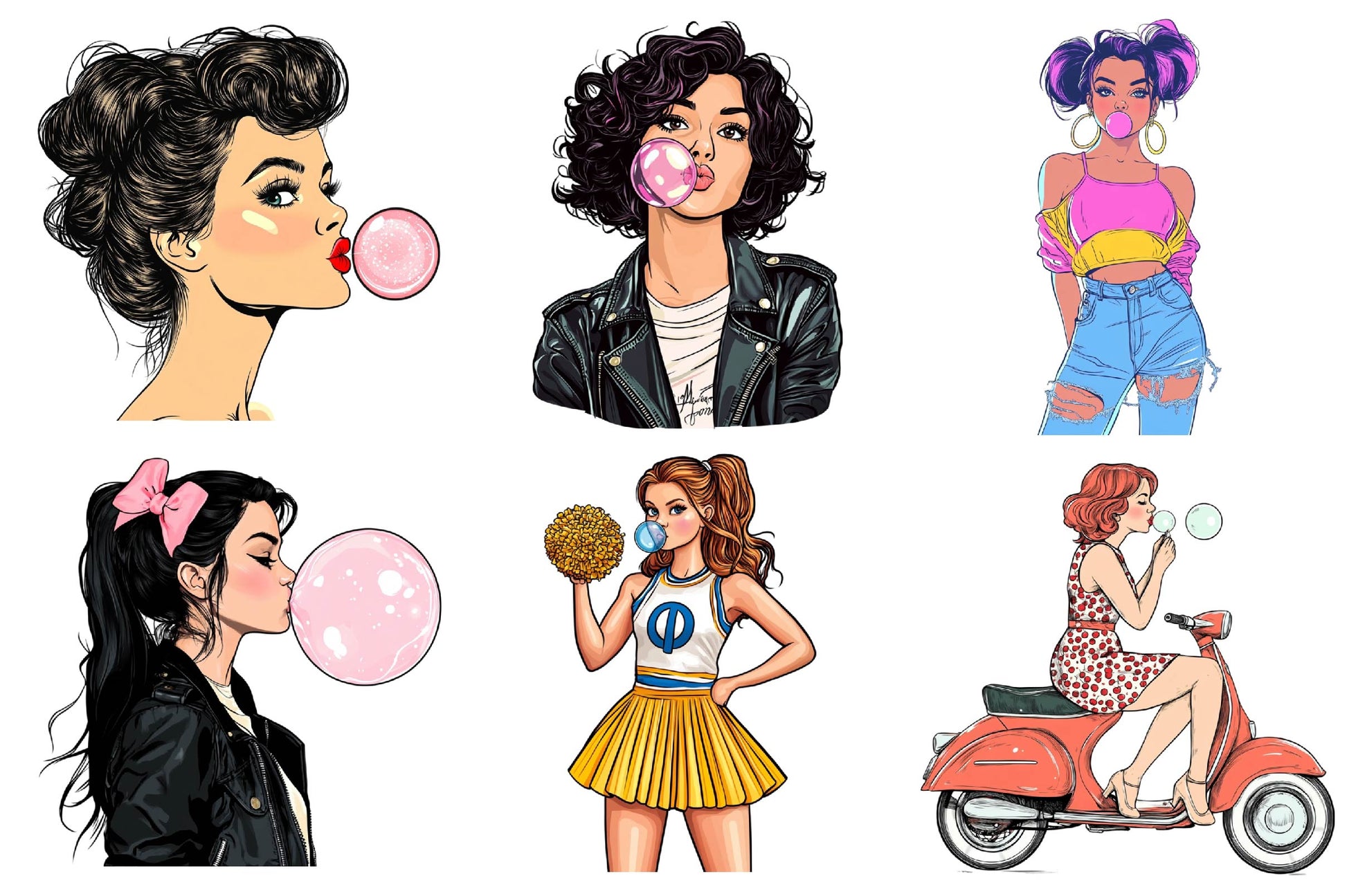 Retro Girl Blowing A Bubblegum Clipart Bundle 1 - CraftNest - Digital Crafting and Art