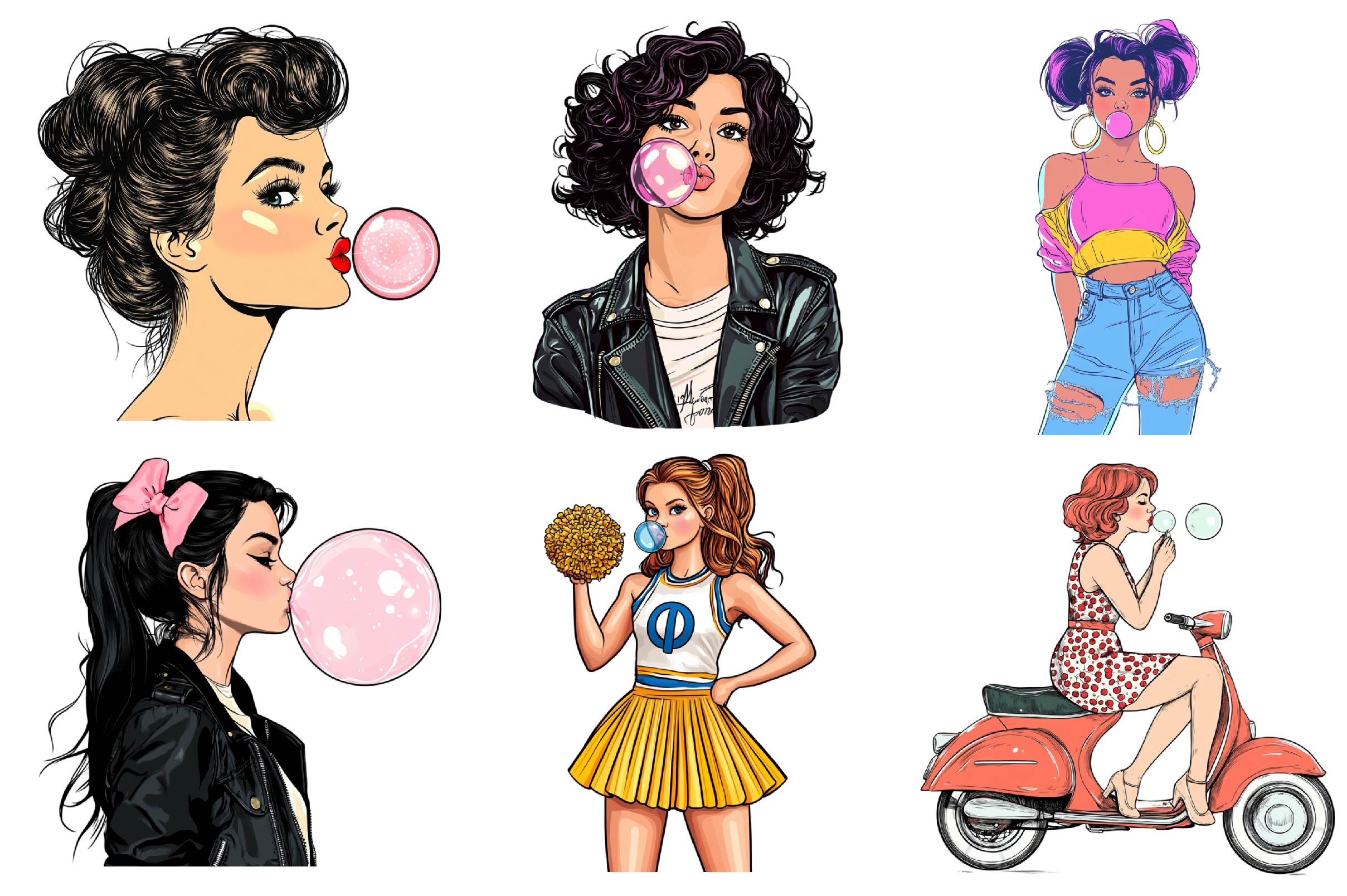 Retro Girl Blowing A Bubblegum Clipart Bundle 1 - CraftNest - Digital Crafting and Art