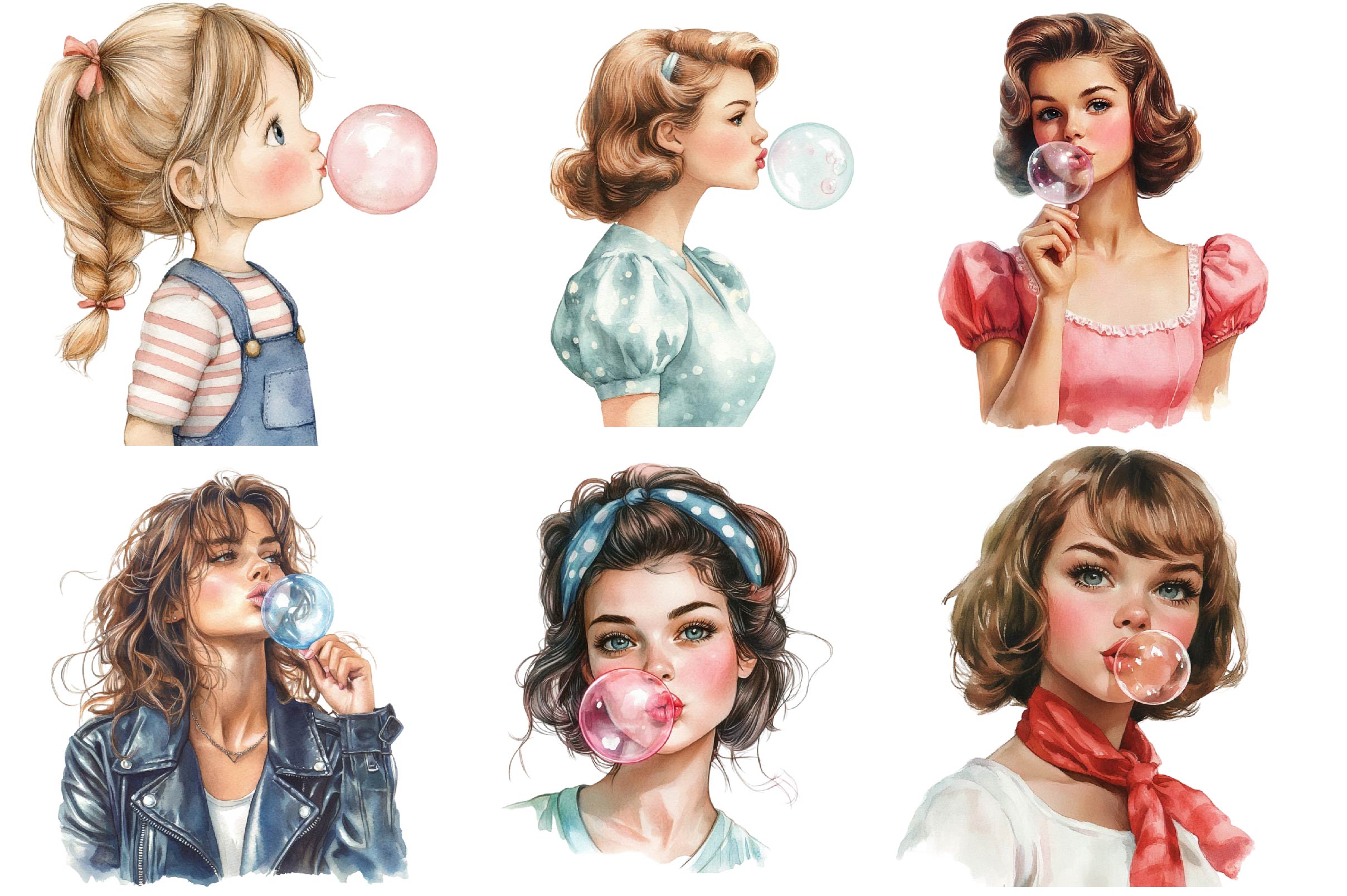 Retro Girl Blowing A Bubblegum Clipart Bundle - CraftNest - Digital Crafting and Art