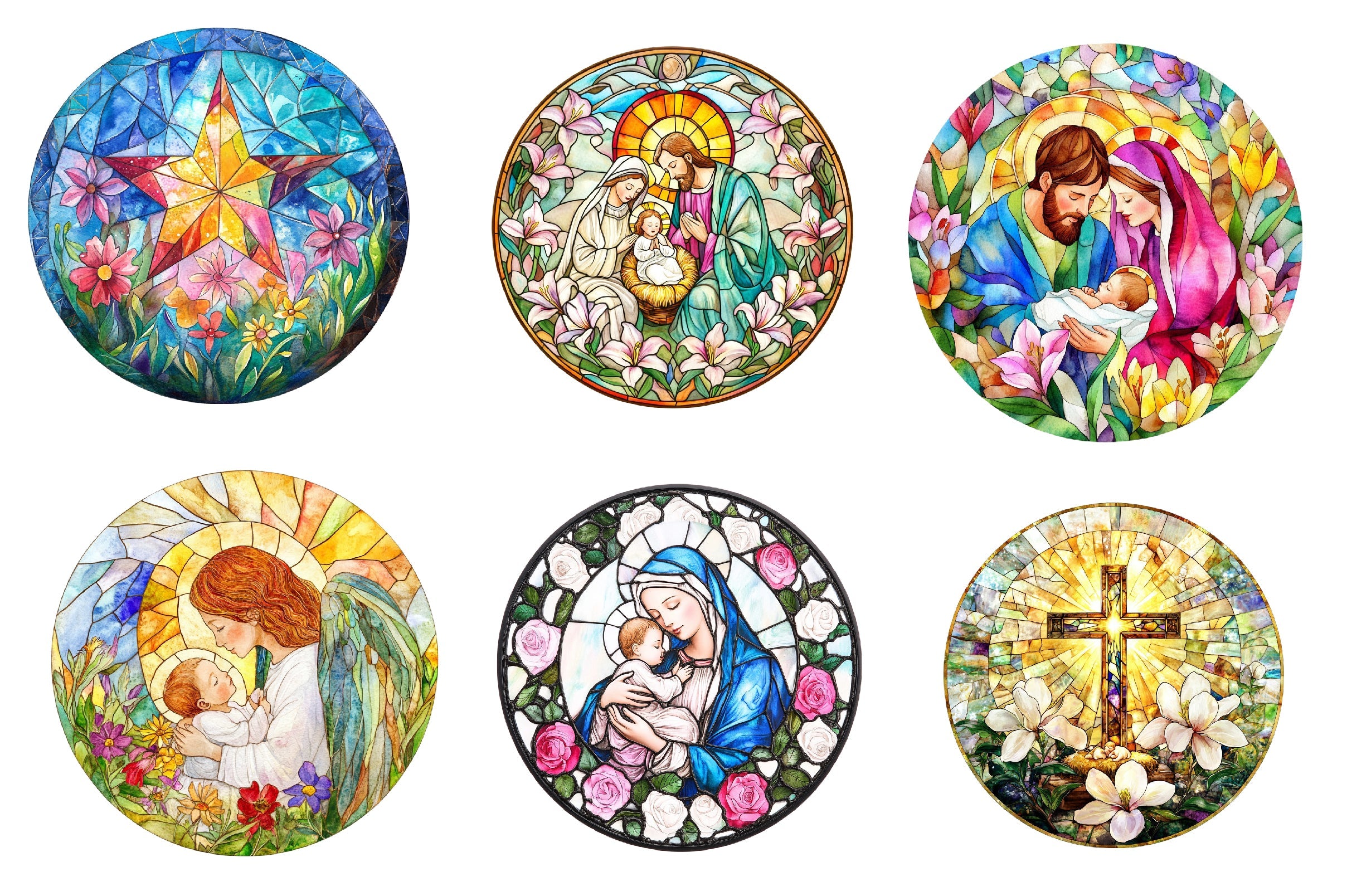 Spring Nativity Round Stained Glass Spring Nativity Clipart Bundle