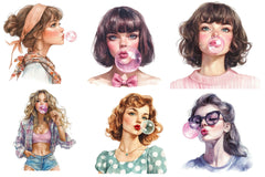 Retro Girl Blowing A Bubblegum Clipart Bundle - CraftNest - Digital Crafting and Art