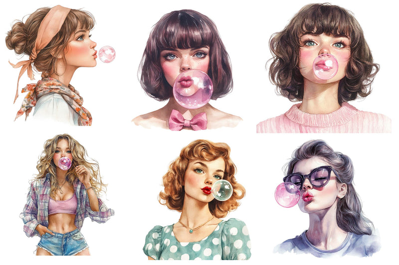 Retro Girl Blowing A Bubblegum Clipart Bundle - CraftNest - Digital Crafting and Art
