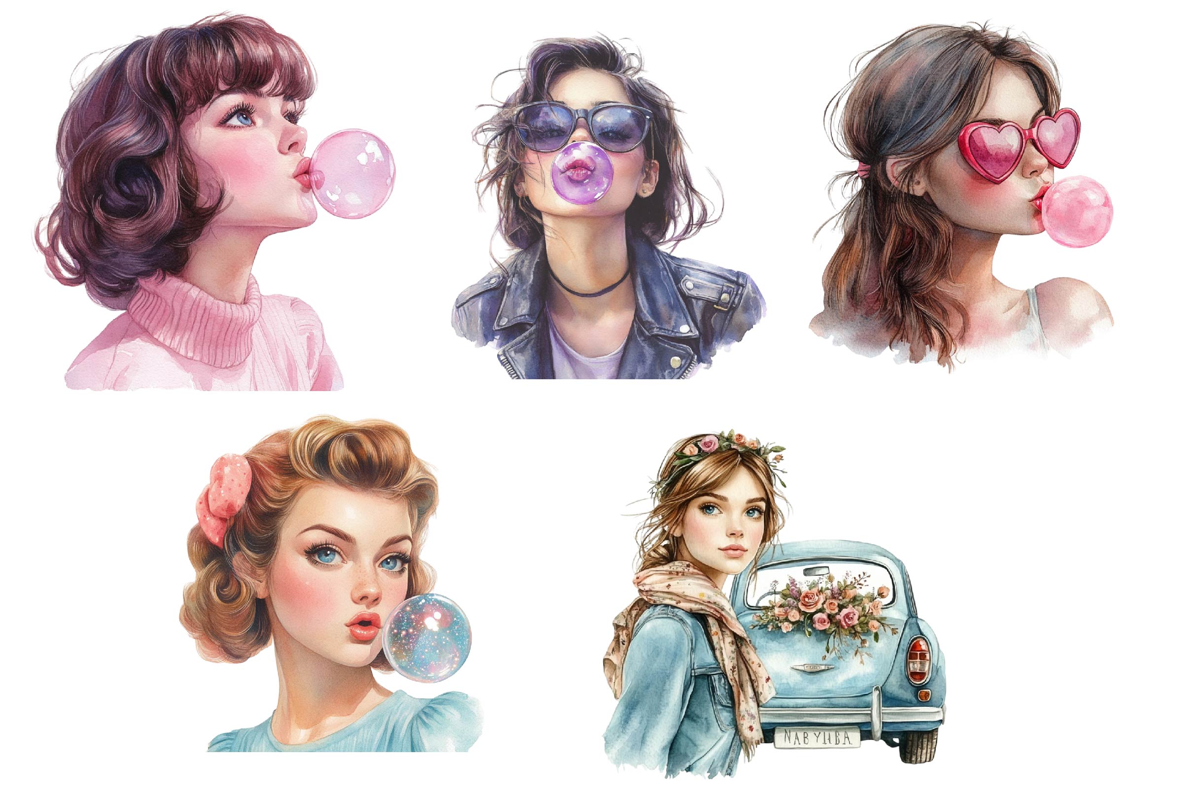 Retro Girl Blowing A Bubblegum Clipart Bundle - CraftNest - Digital Crafting and Art