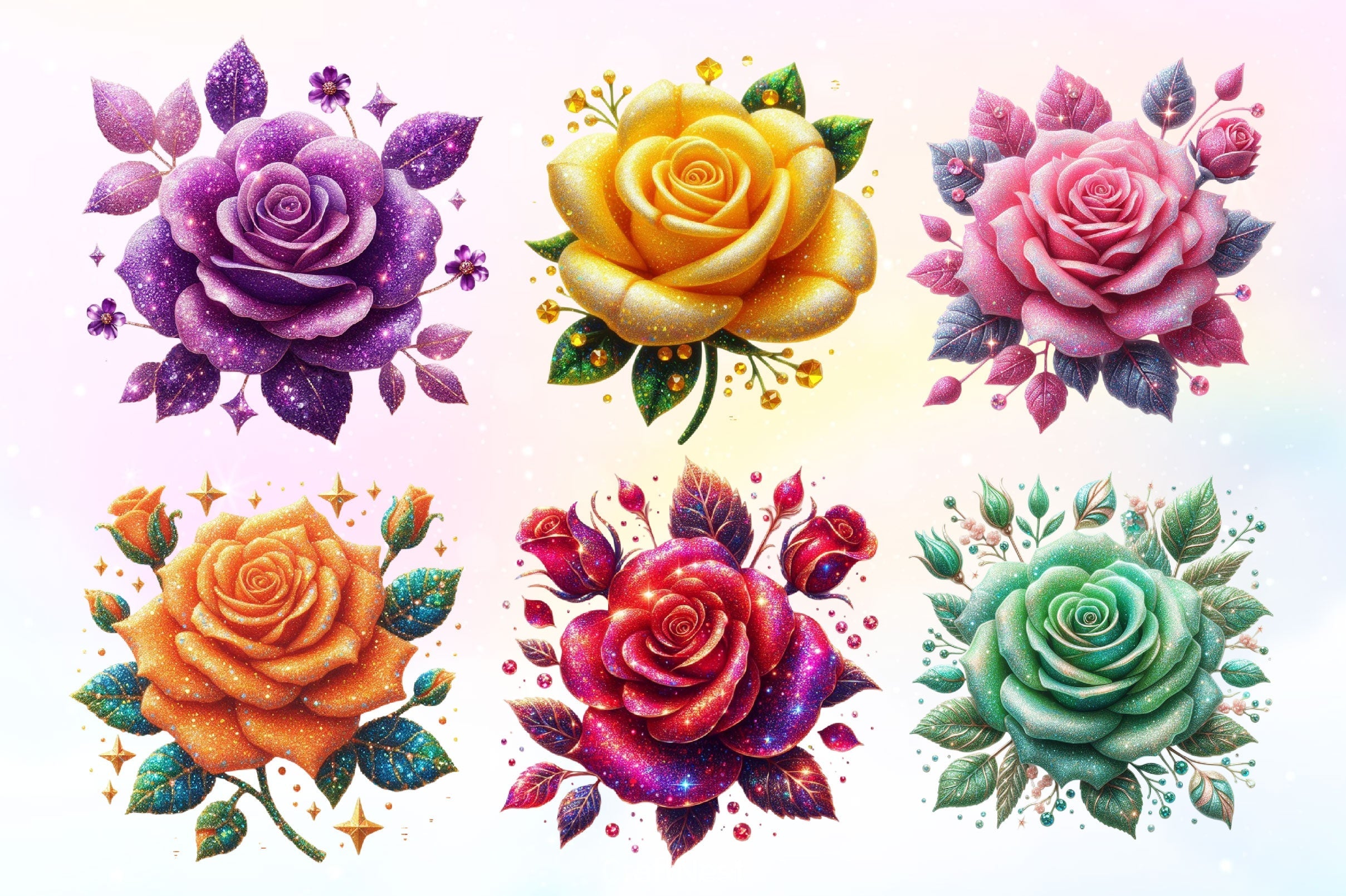 Glitter Roses Flowers Clipart Bundle