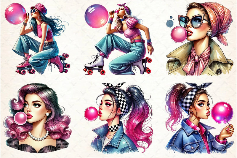 Retro Girl Bubblegum Clipart Bundle - CraftNest - Digital Crafting and Art