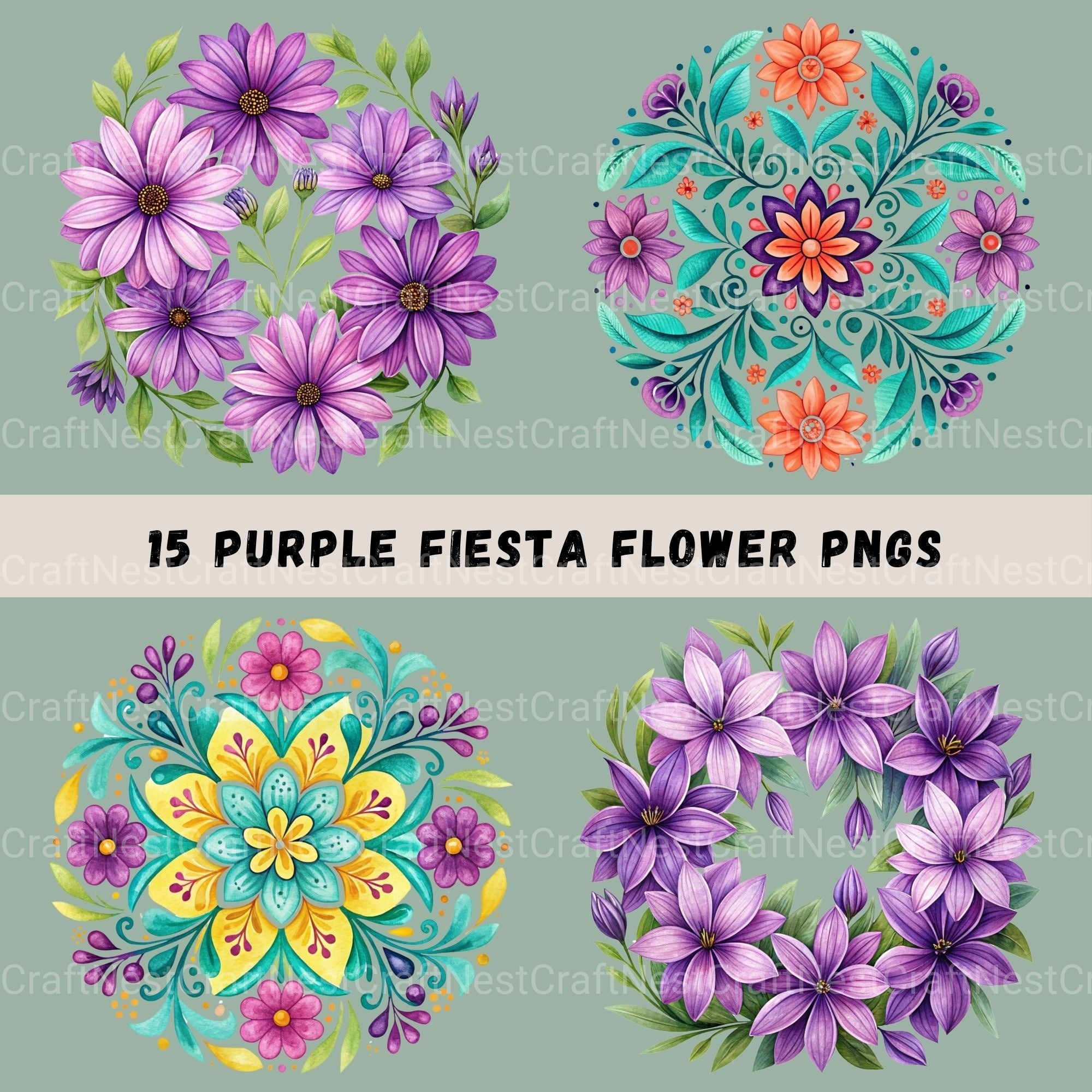 Mexican Flowers Purple Clipart Bundle