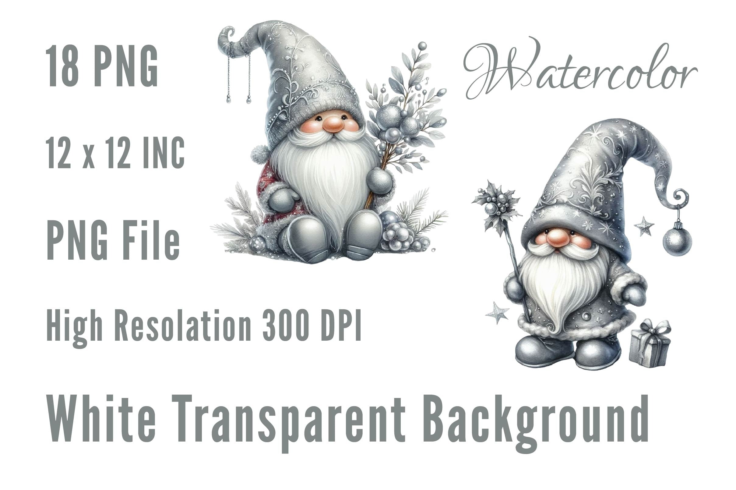 Silver Christmas Gnomes Clipart Bundle