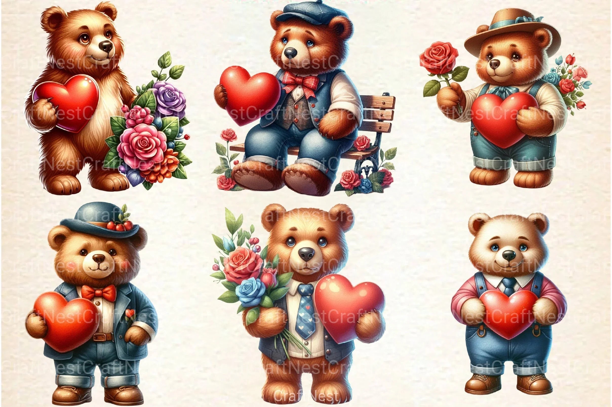 Valentine's Teddy Bear Clipart Bundle 1 - CraftNest - Digital Crafting and Art