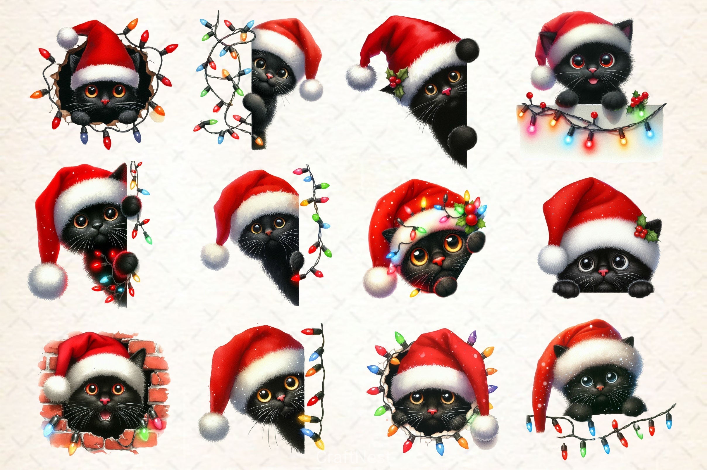Peeking Christmas Black Cat Clipart Bundle 2