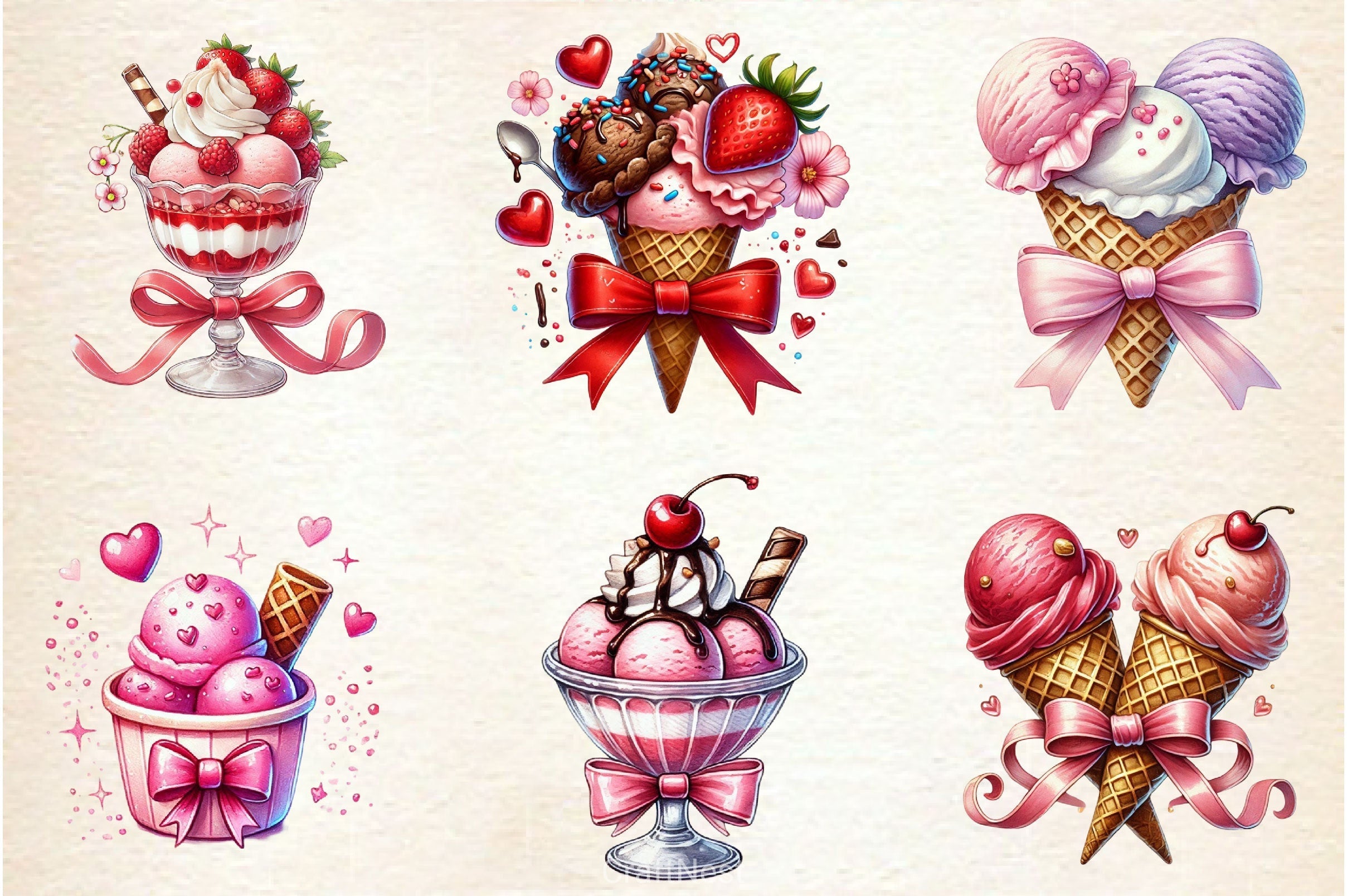 Valentines Ice Cream With Bows Clipart Bundle 2