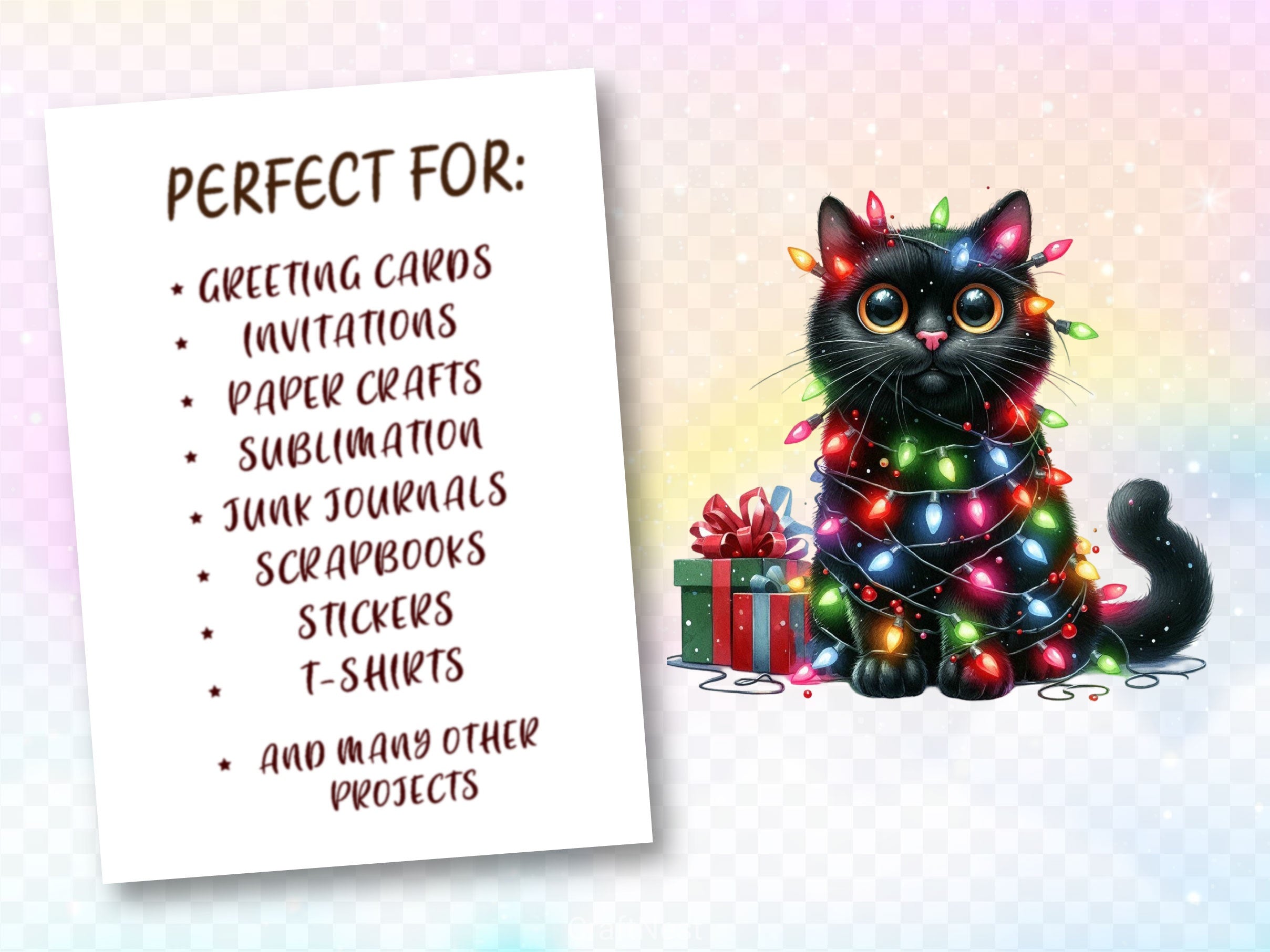 Funny Black Cat With Christmas Lights Clipart Bundle