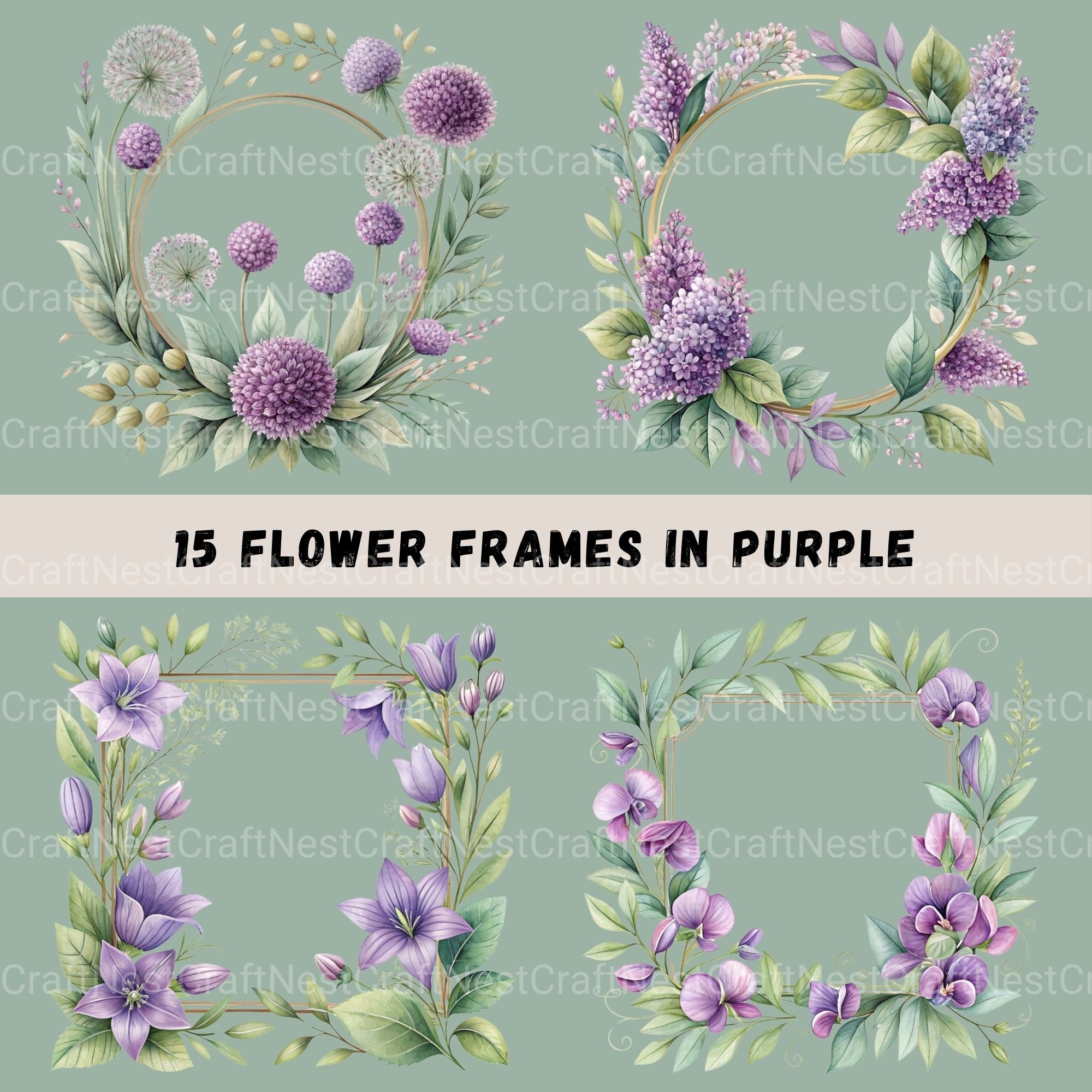 Purple Floral Frames Clipart Bundle