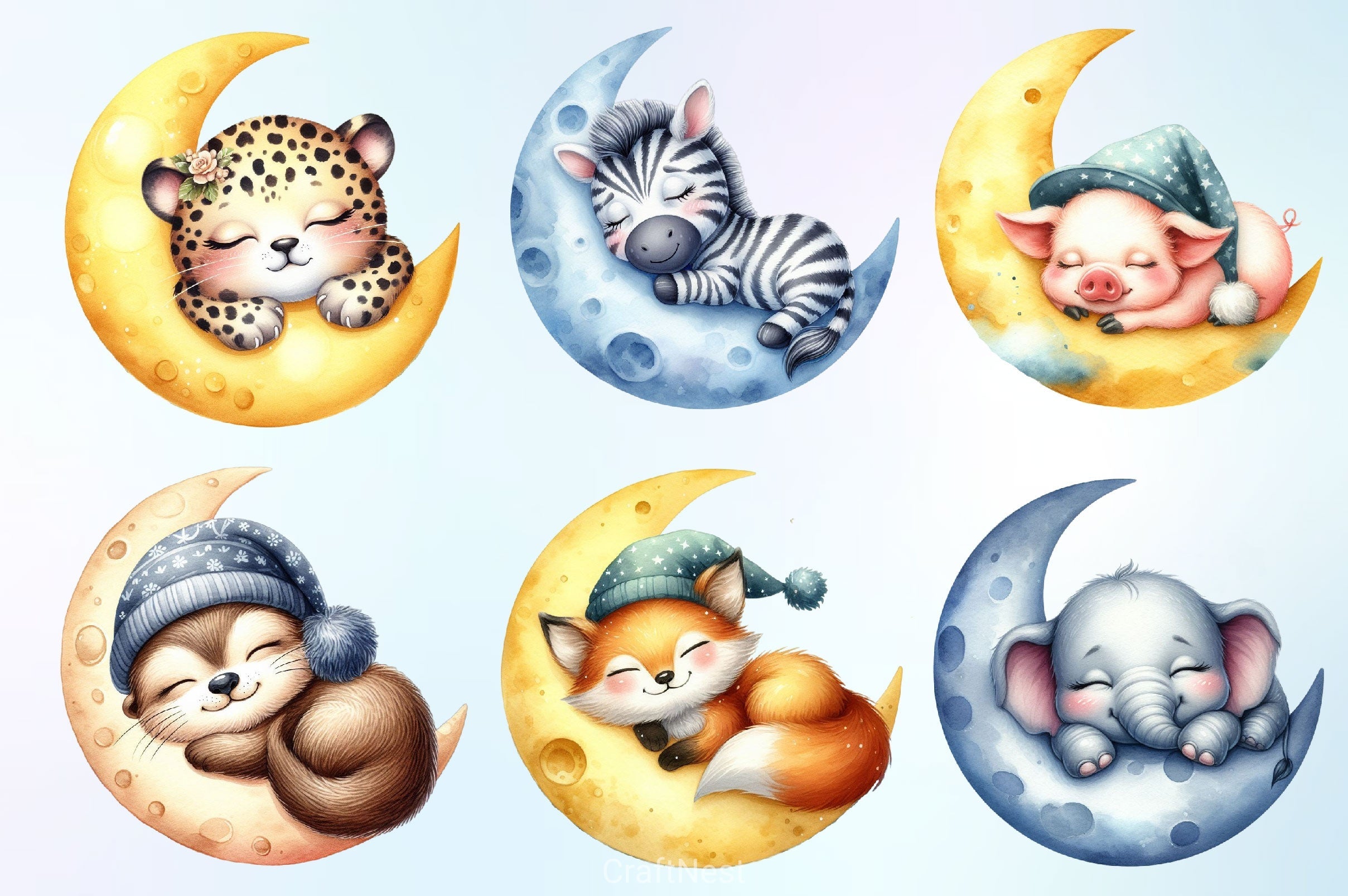 Cute Animals Sleep On Moon Clipart Bundle 4