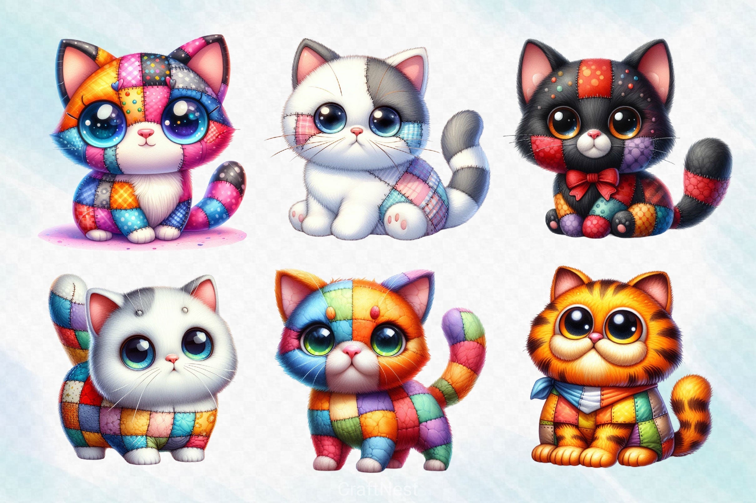 Cute Patchwork Cats Clipart Bundle