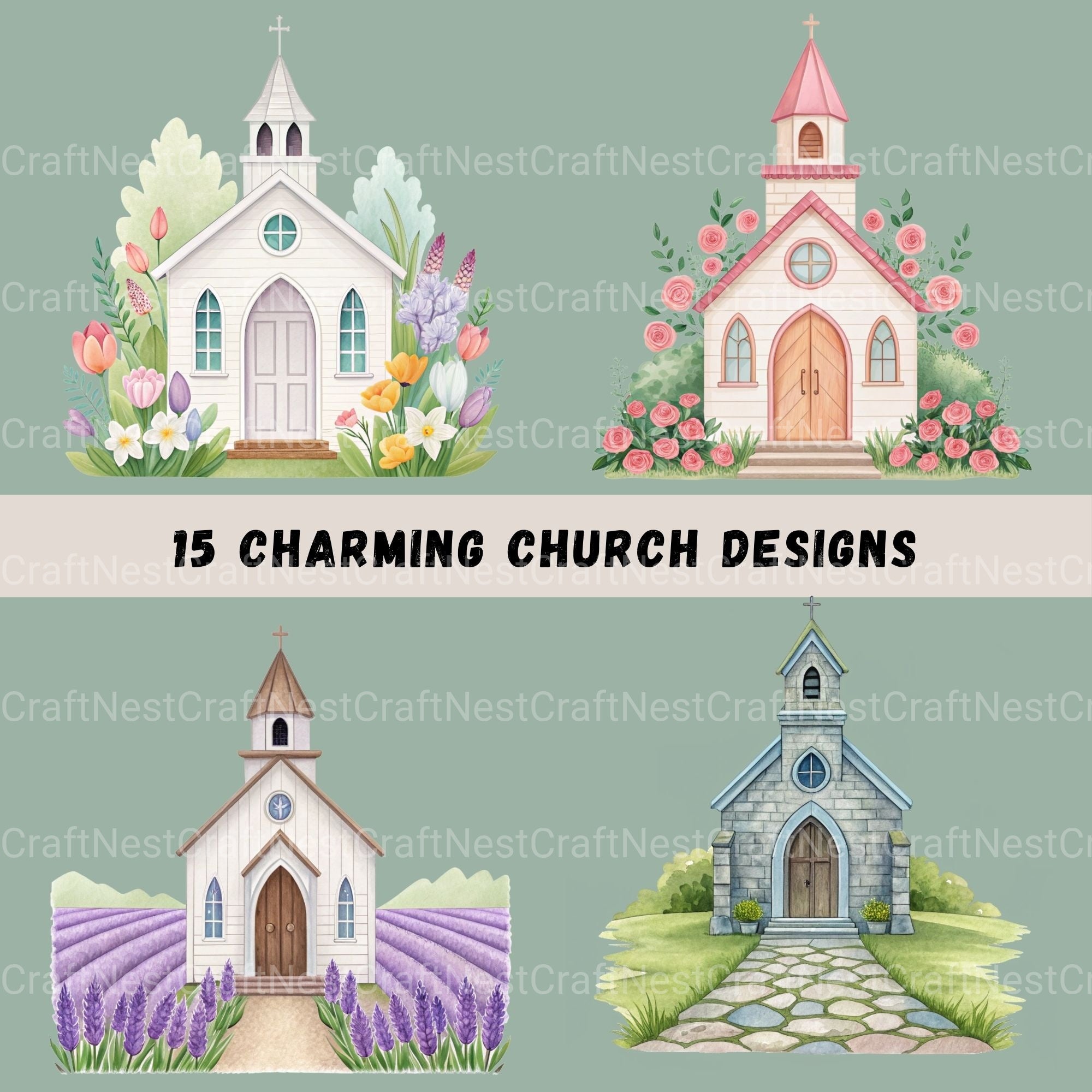 Countryside Churches Clipart Bundle
