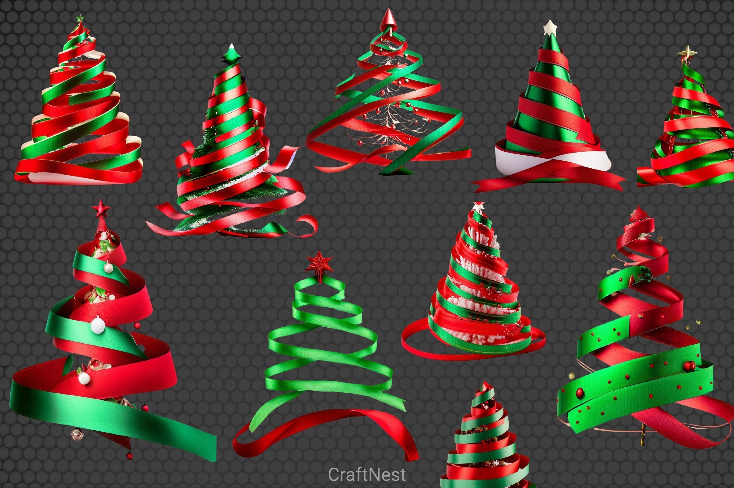 Red Green Ribbon Christmas Tree Clipart Bundle