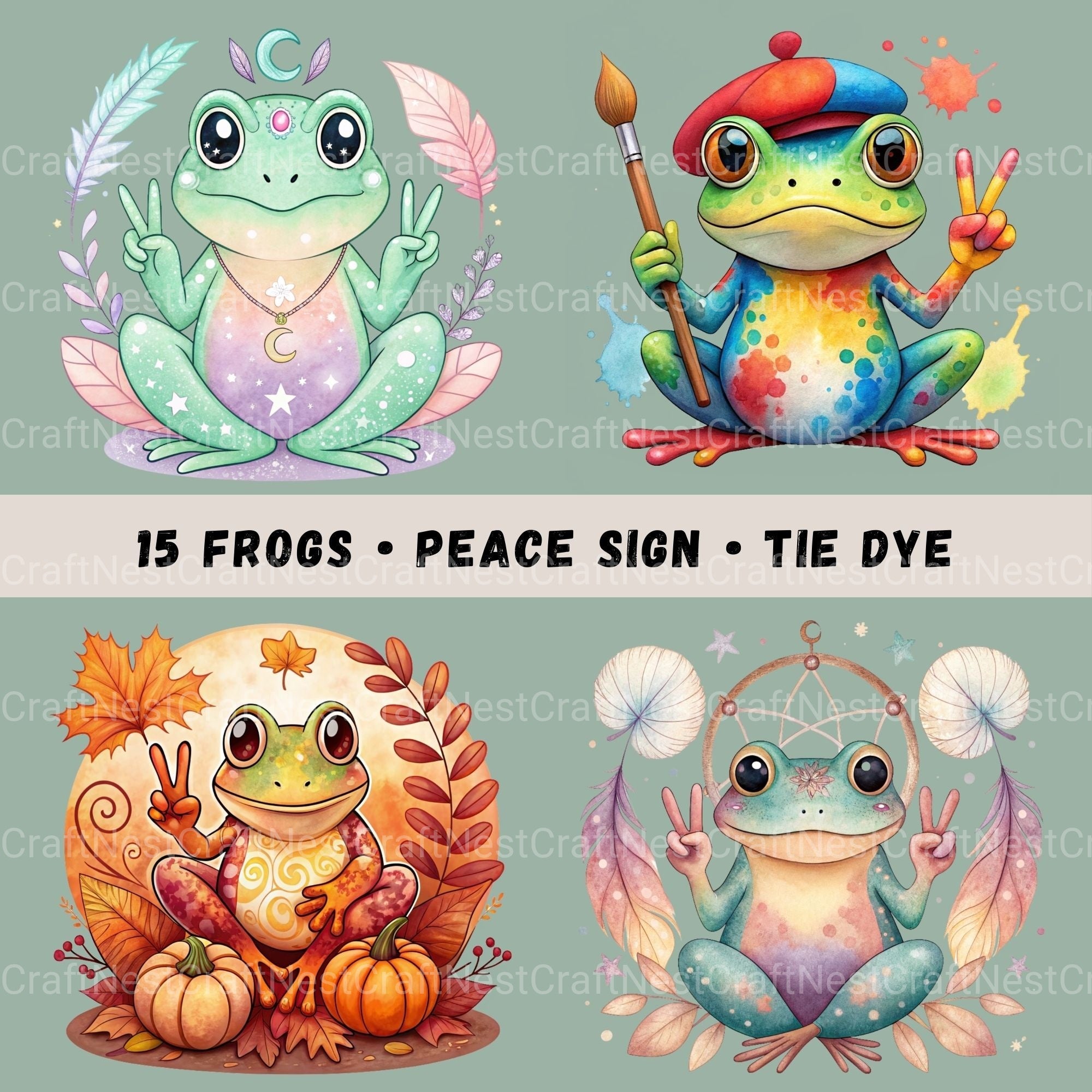 Frogs Peace Sign Clipart Bundle