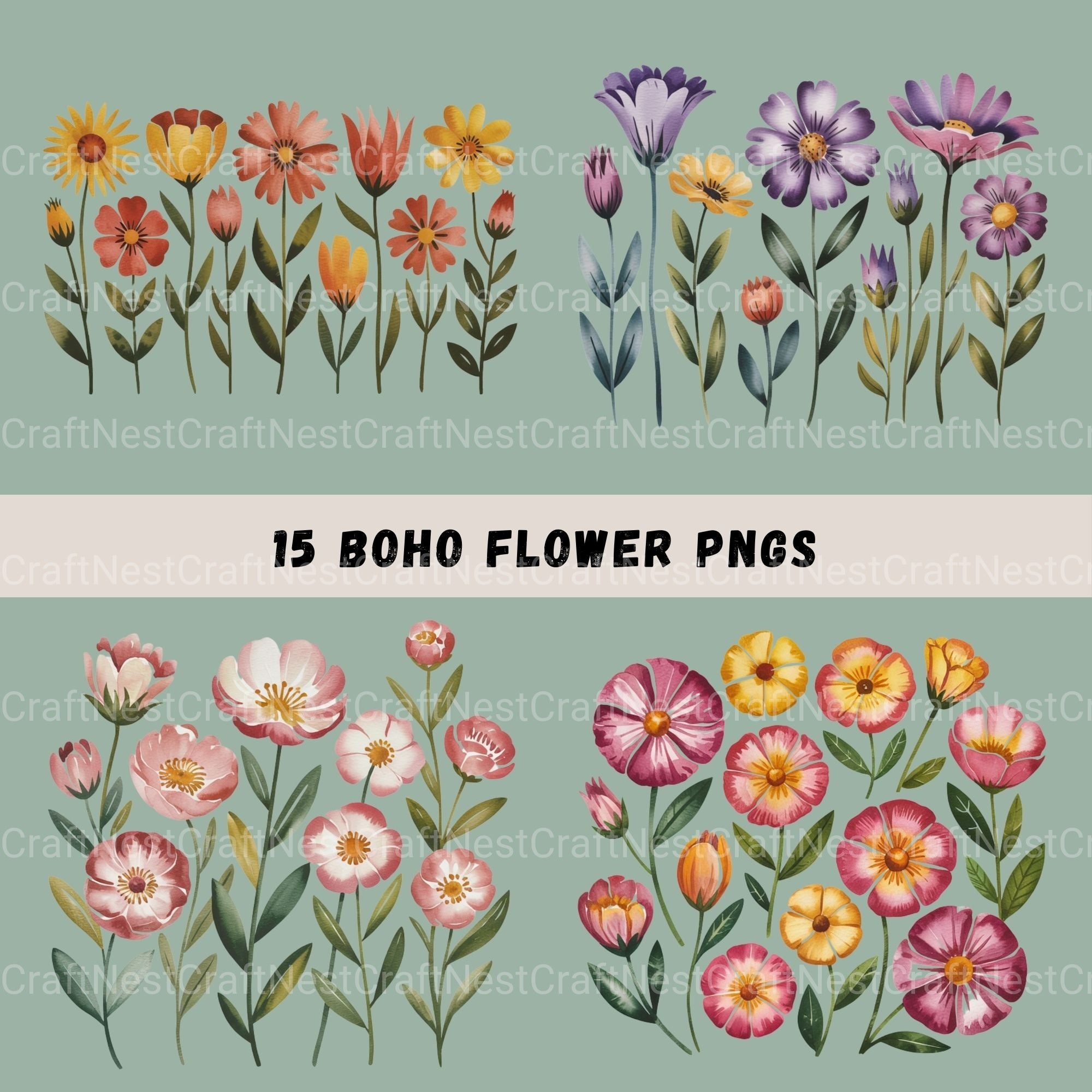 Boho Flowers Clipart Bundle
