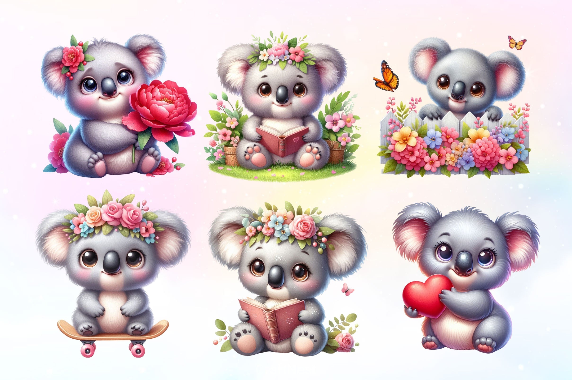 Floral Koala Clipart Bundle 2