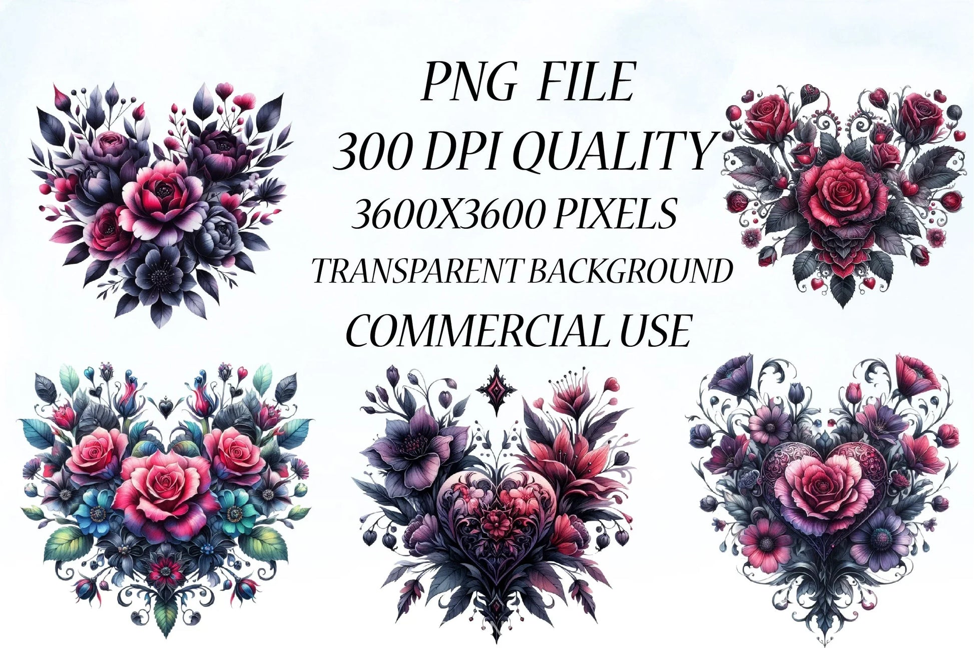 Gothic Black Floral Hearts Clipart Bundle - CraftNest - Digital Crafting and Art