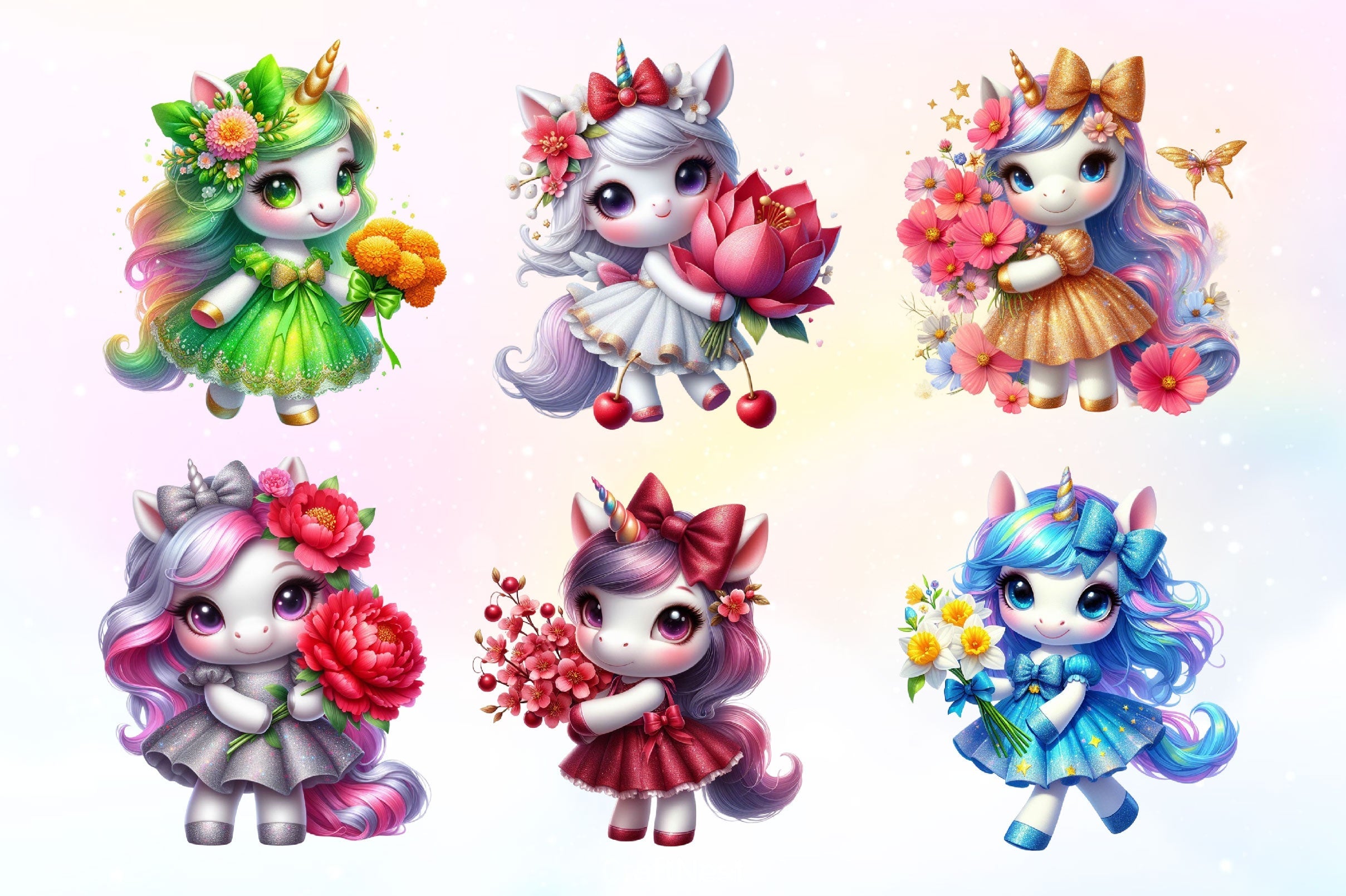 Cute Unicorn With Flower Clipart Bundle