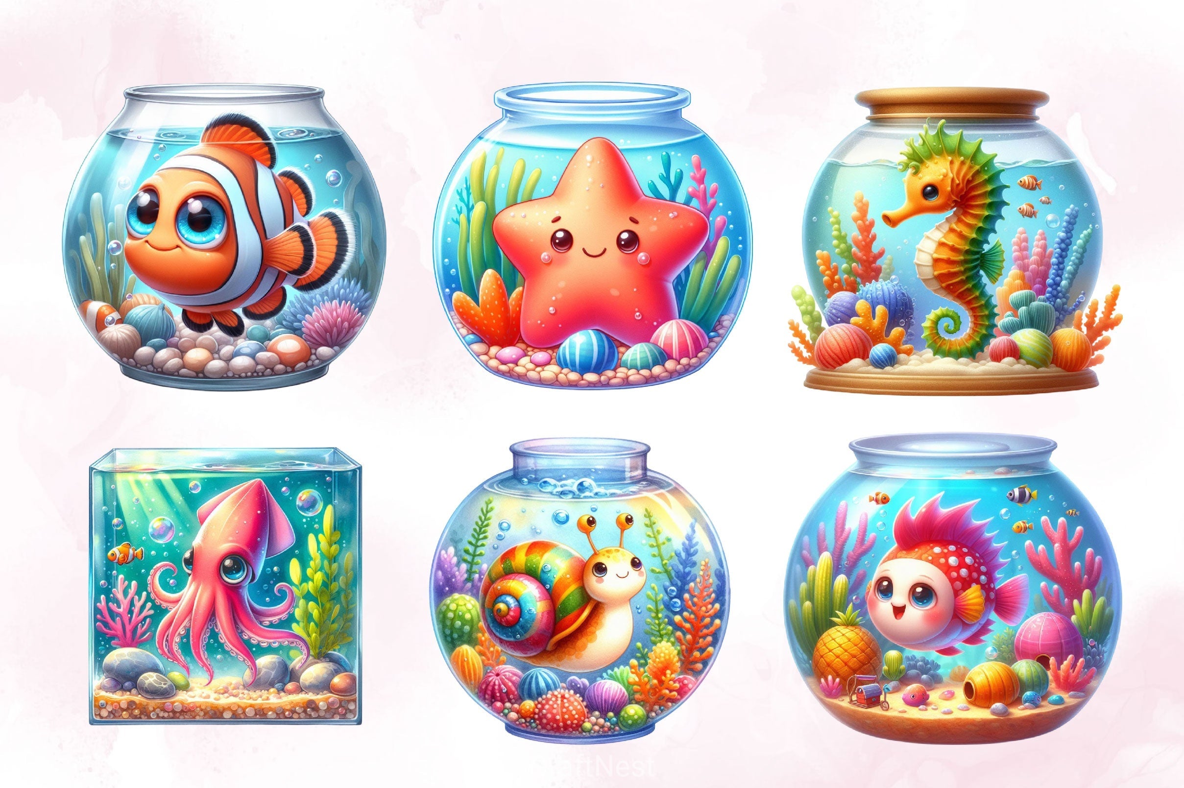 Sea Animals In Aquarium Clipart Bundle 2