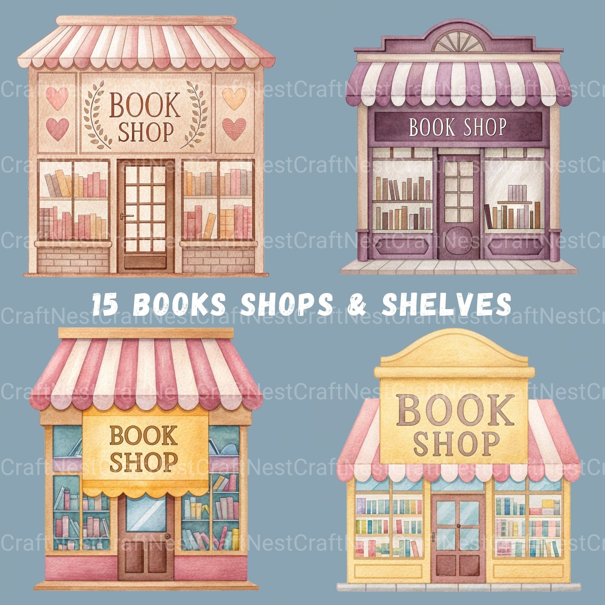 Book Shop & Bookshelves Clipart Bundle