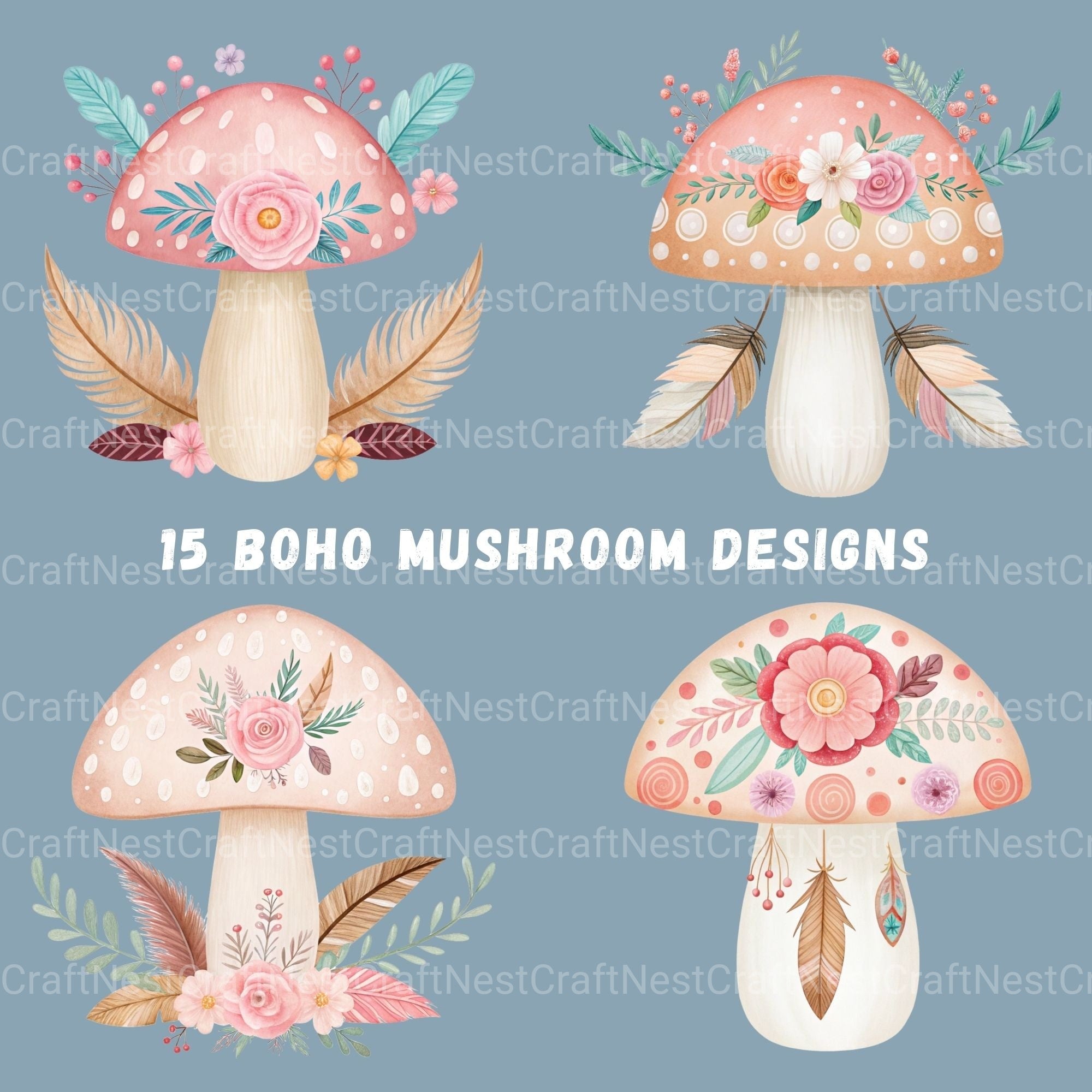 Boho Mushrooms Clipart Bundle