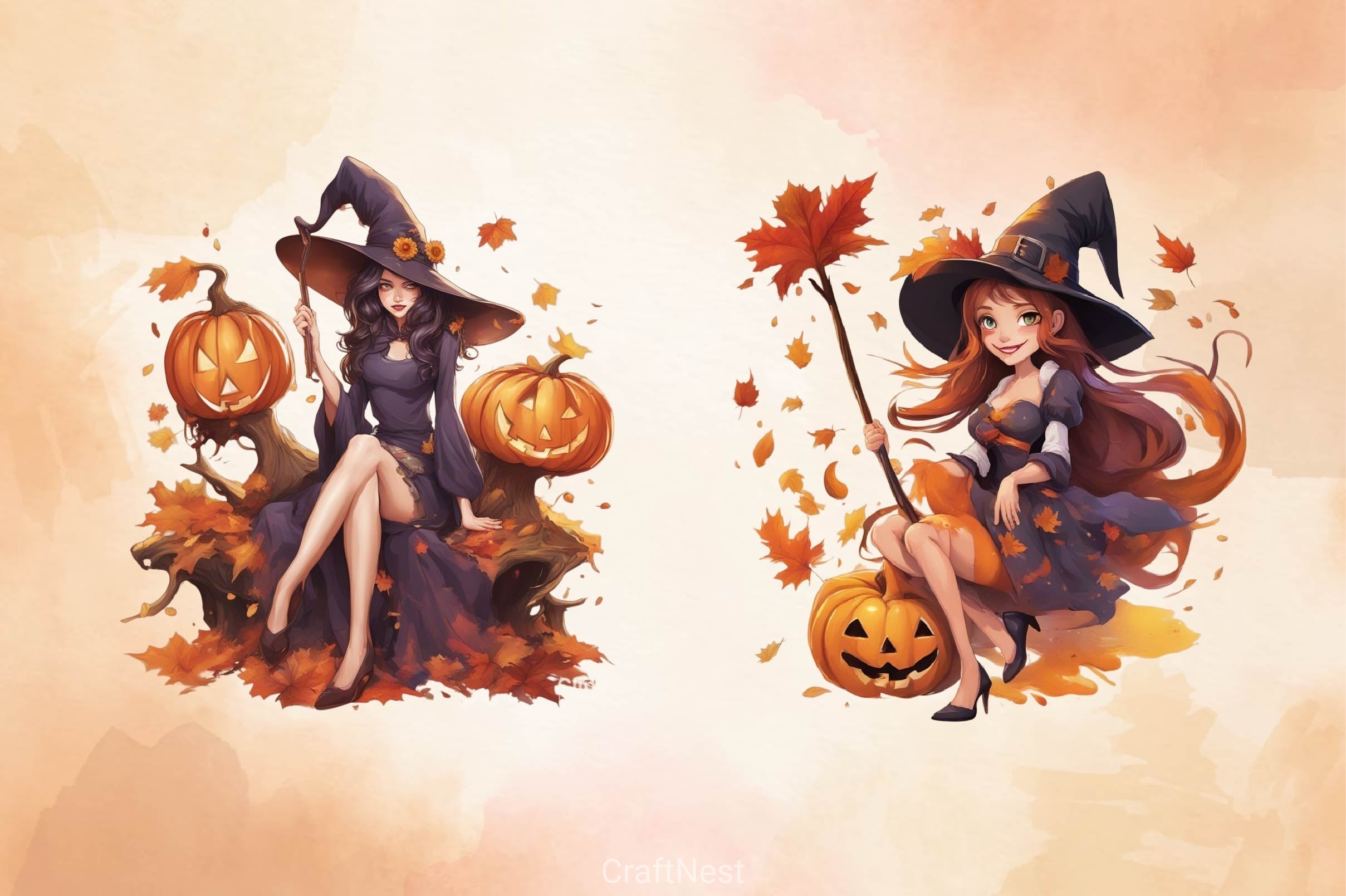 Cute Witch Girl Halloween Clipart Bundle
