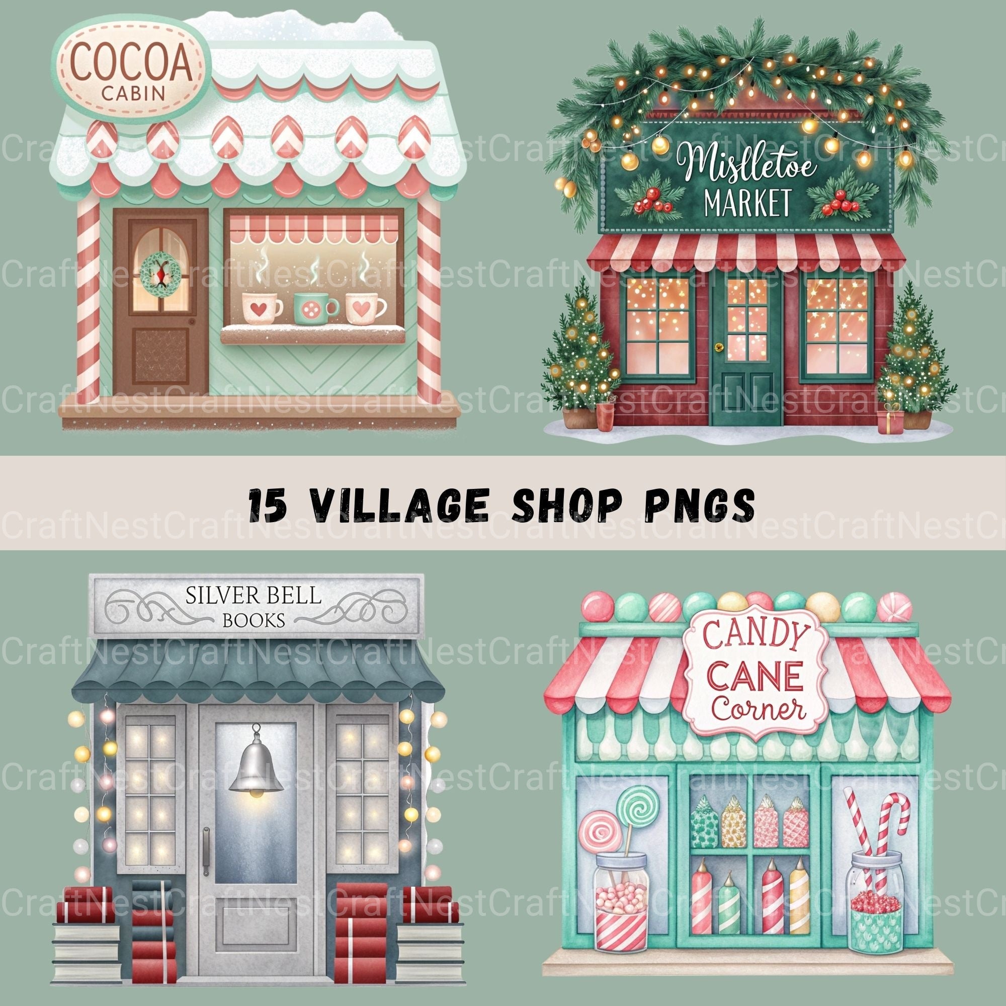 Village Shops Winter Clipart Bundle