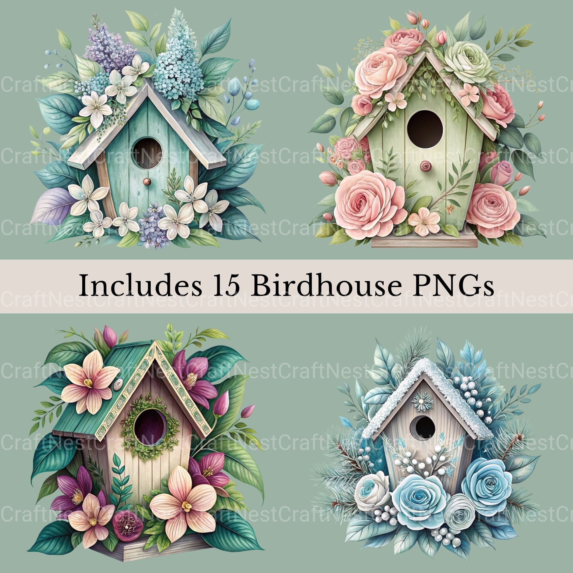 Birdhouses Flowers Clipart Bundle