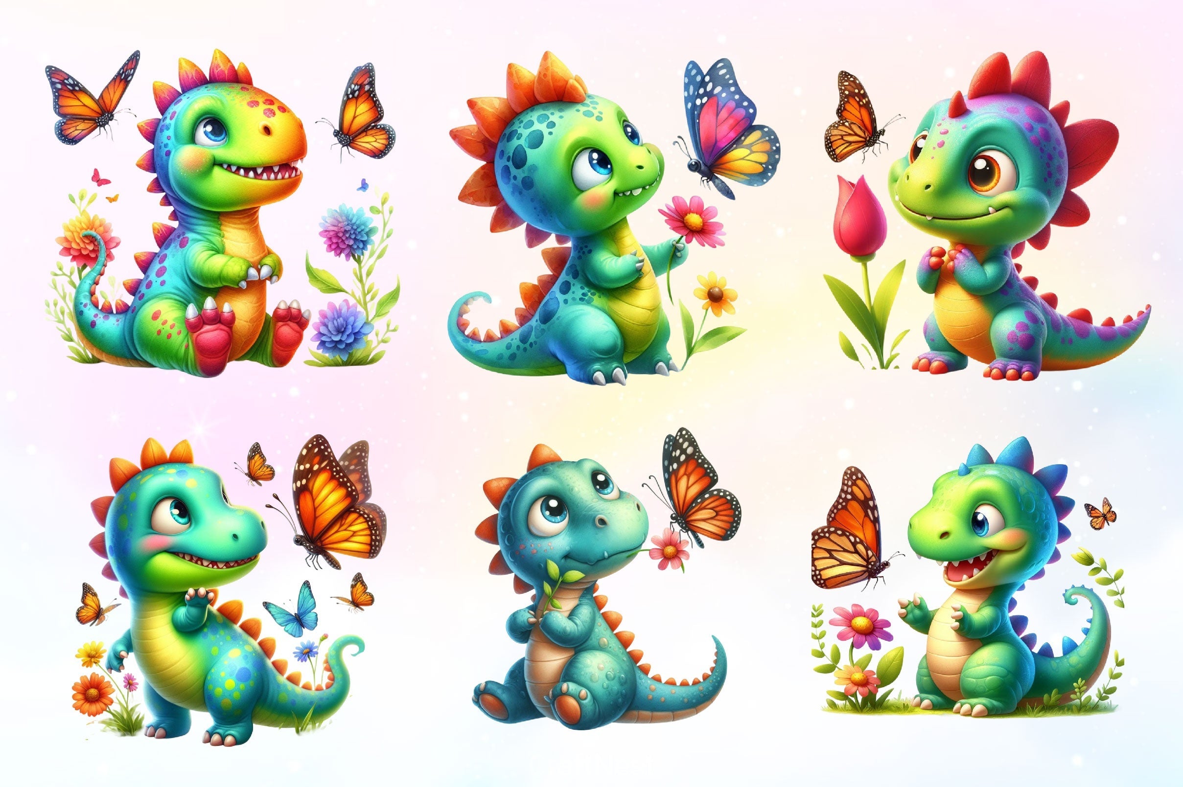 Cute Dinosaur With Butterfly Clipart Bundle 2