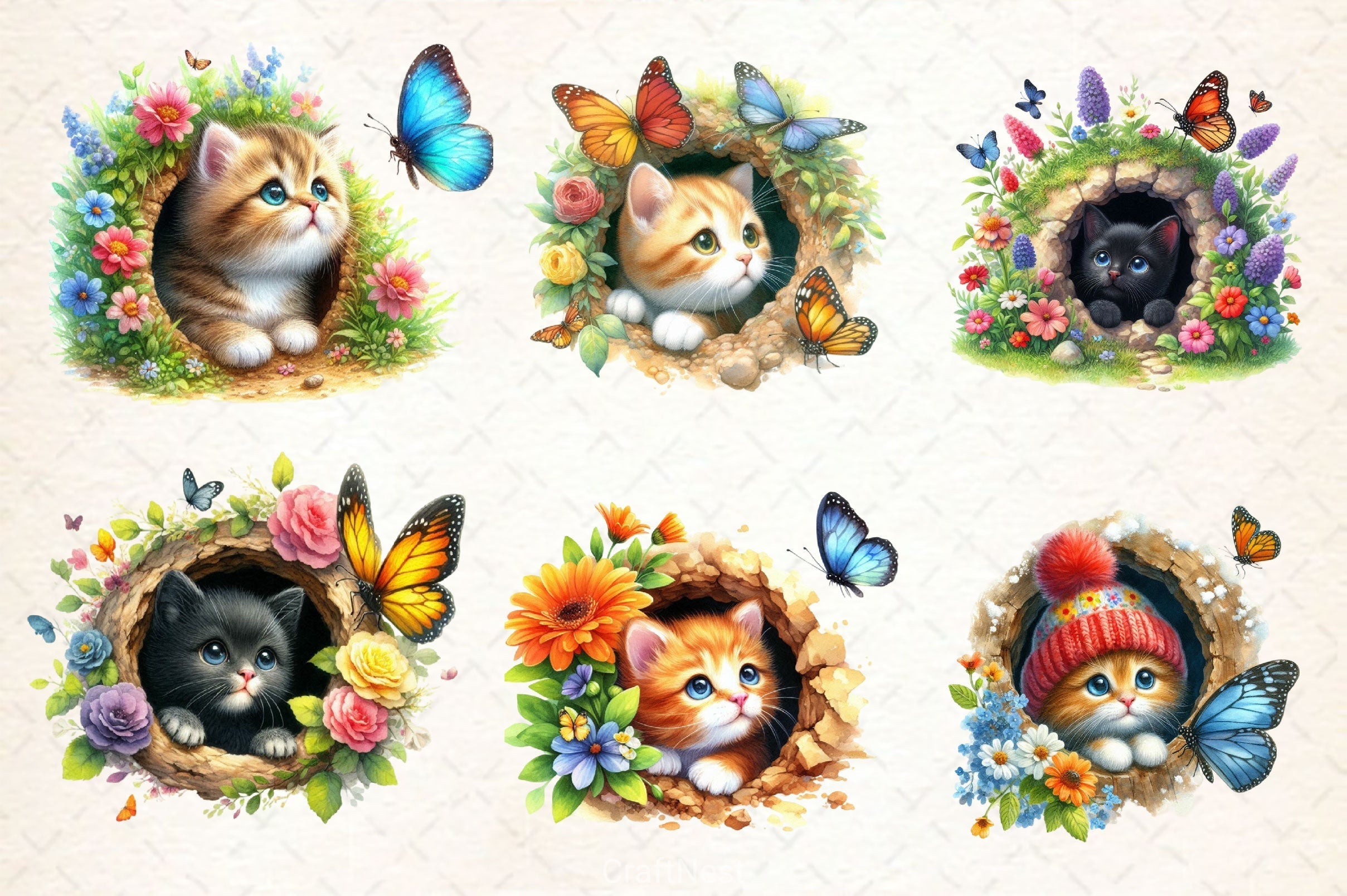 Peeking Cute Cat Hole With Butterflies Clipart Bundle