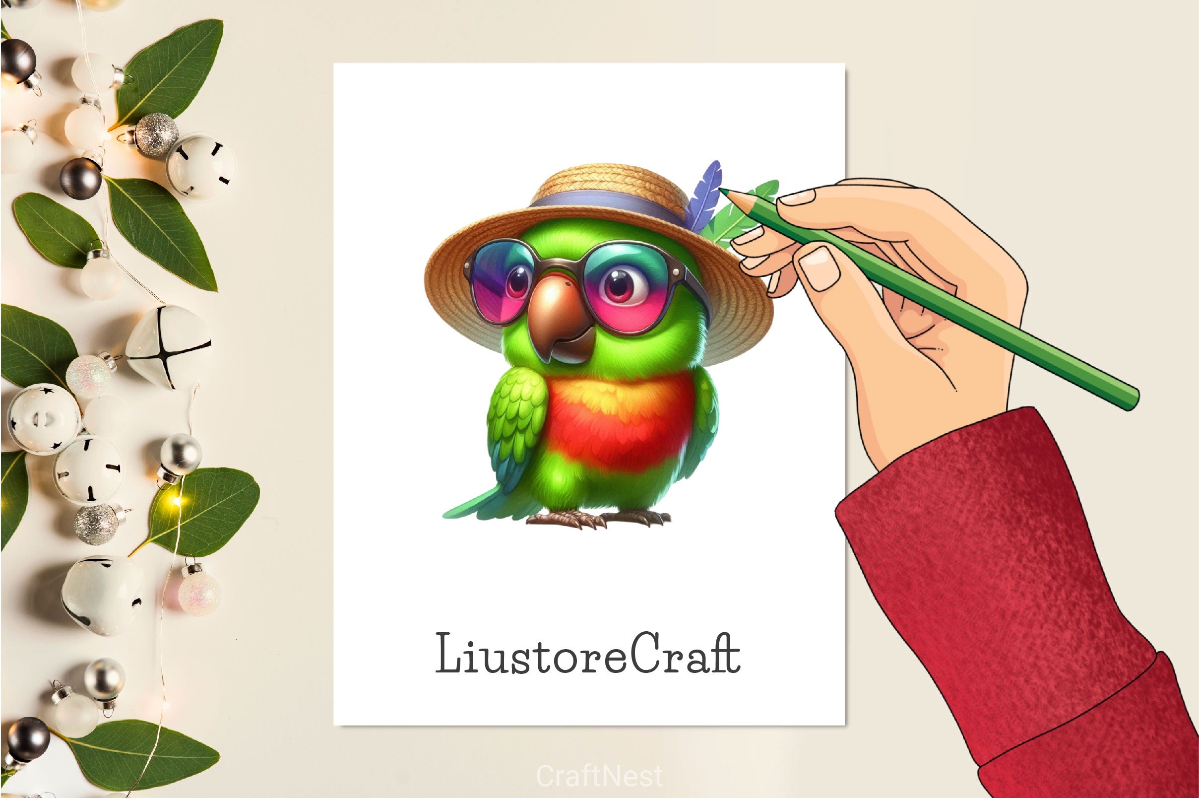 Cute Funny Green Parrot Clipart Bundle