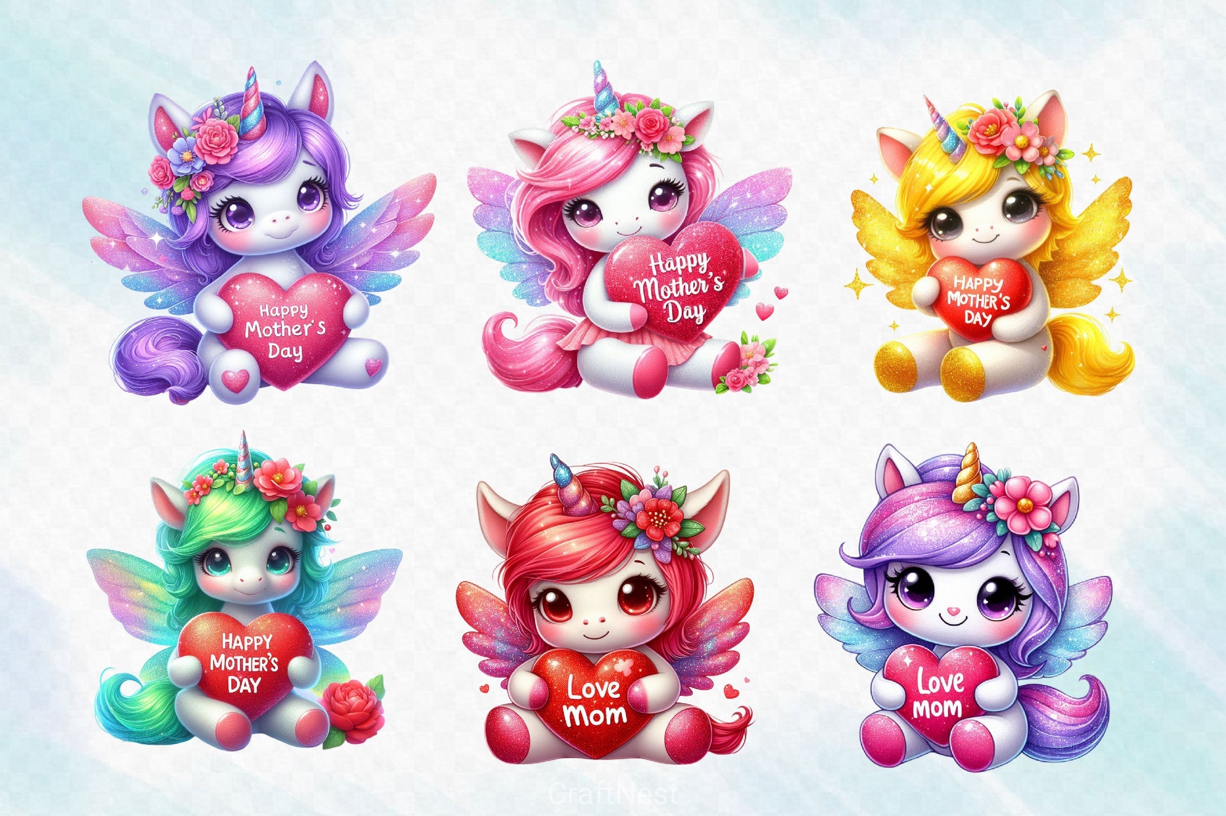 Mothers Day Cute Unicorn Clipart Bundle