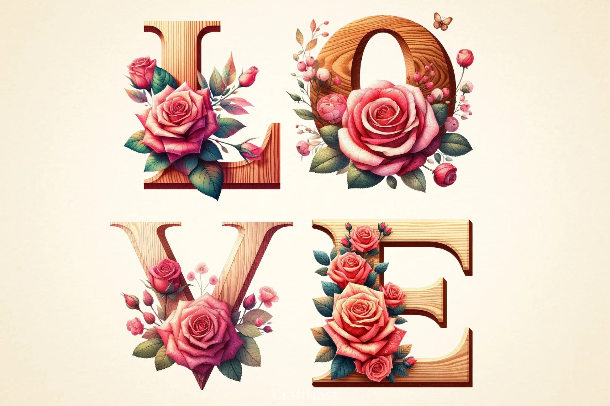 Wood Alphabet Rose Clipart Bundle 1 - CraftNest - Digital Crafting and Art