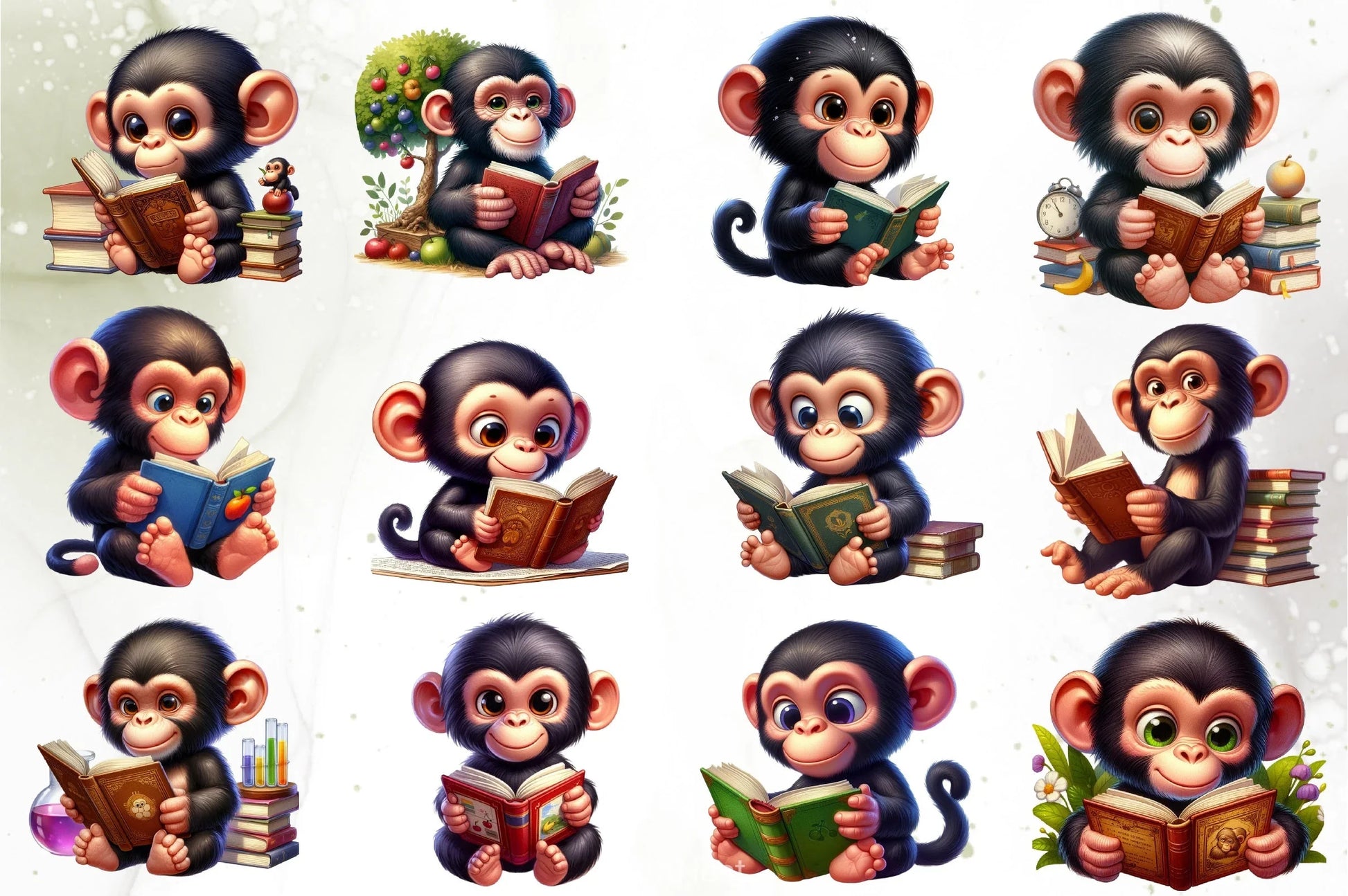 Cute Monkey Reading Clipart Bundle - CraftNest - Digital Crafting and Art