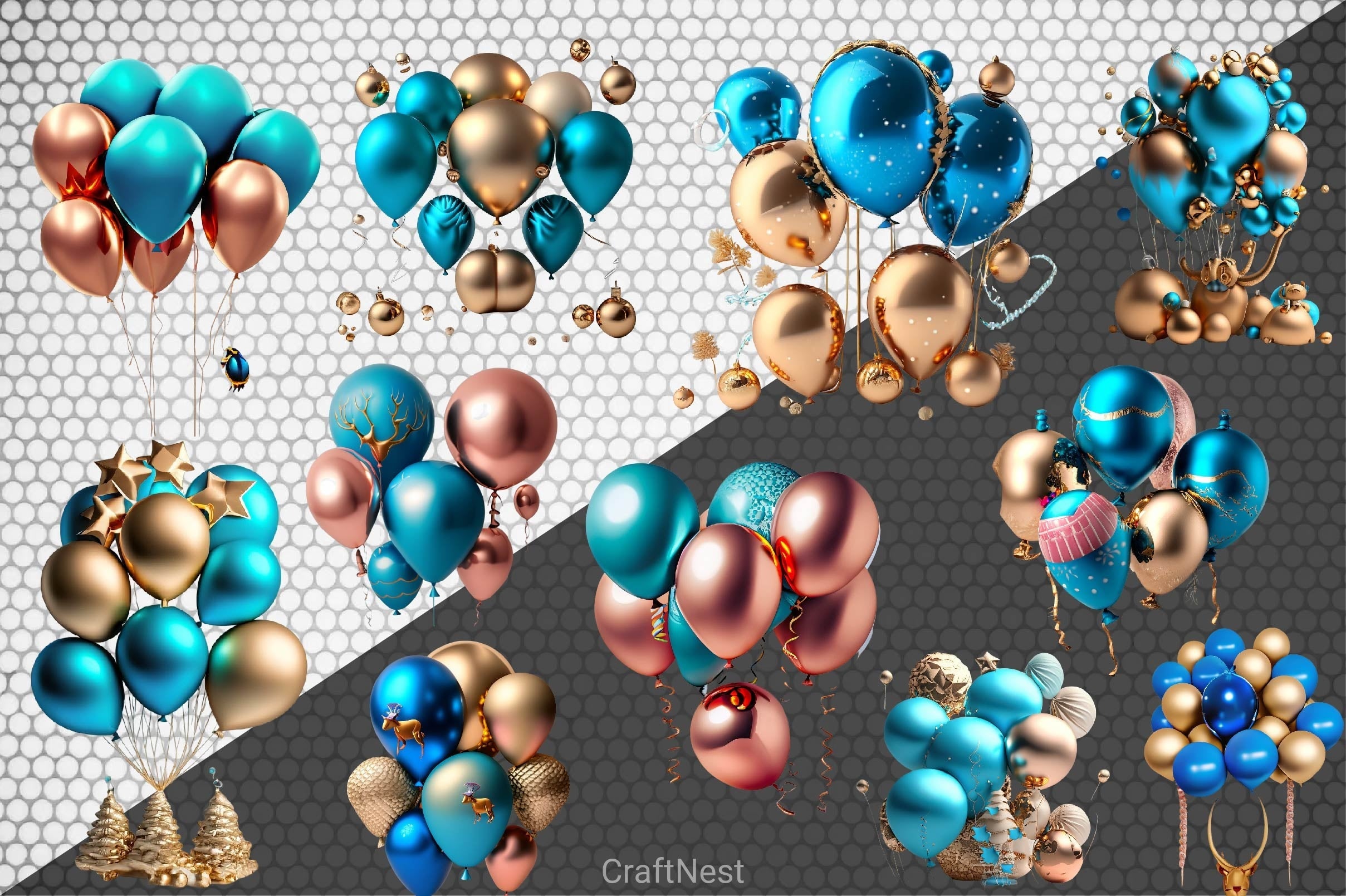 Christmas Gold And Blue Safari Balloons Clipart Bundle