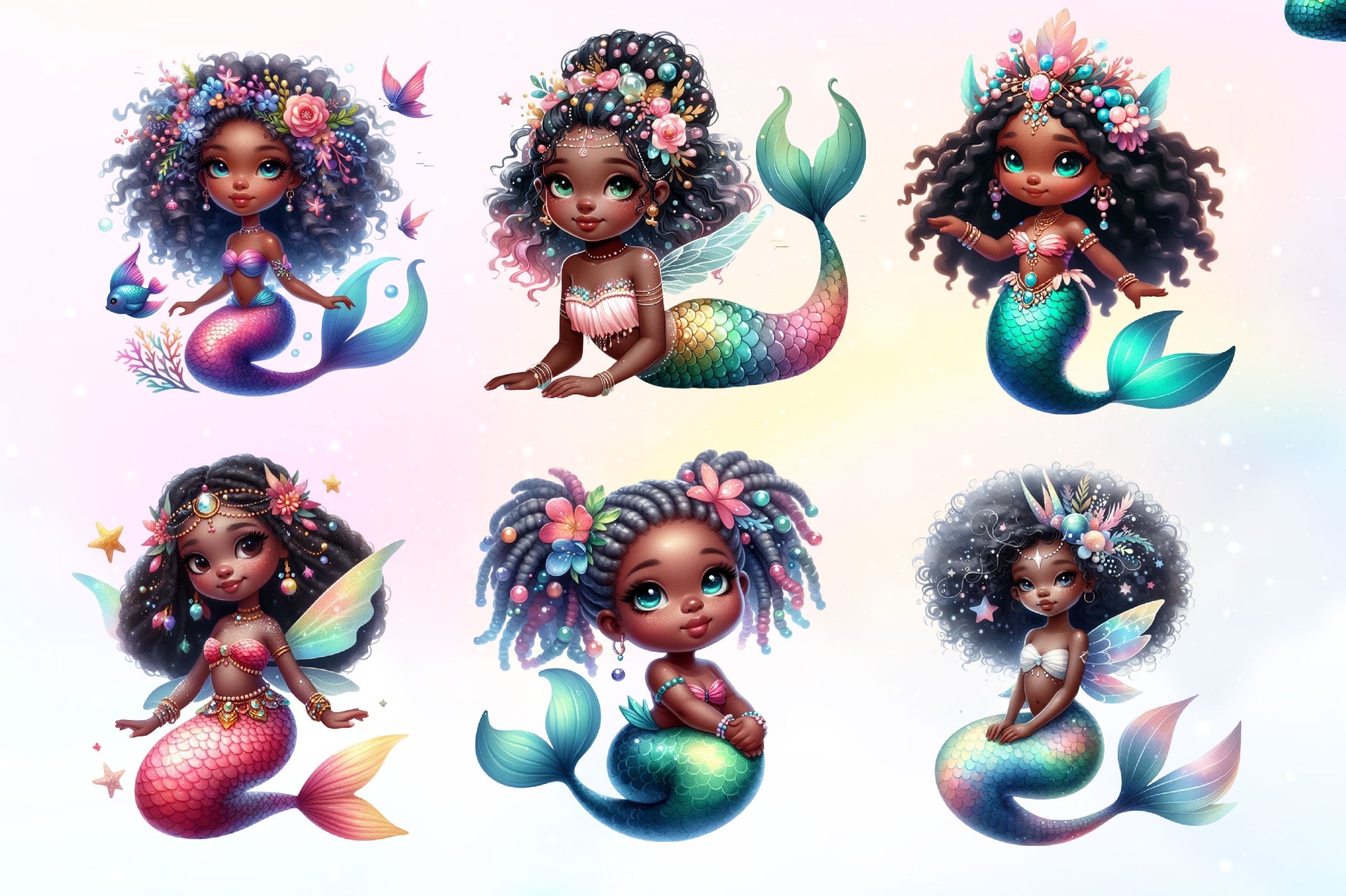 Cute African Mermaid Clipart Bundle