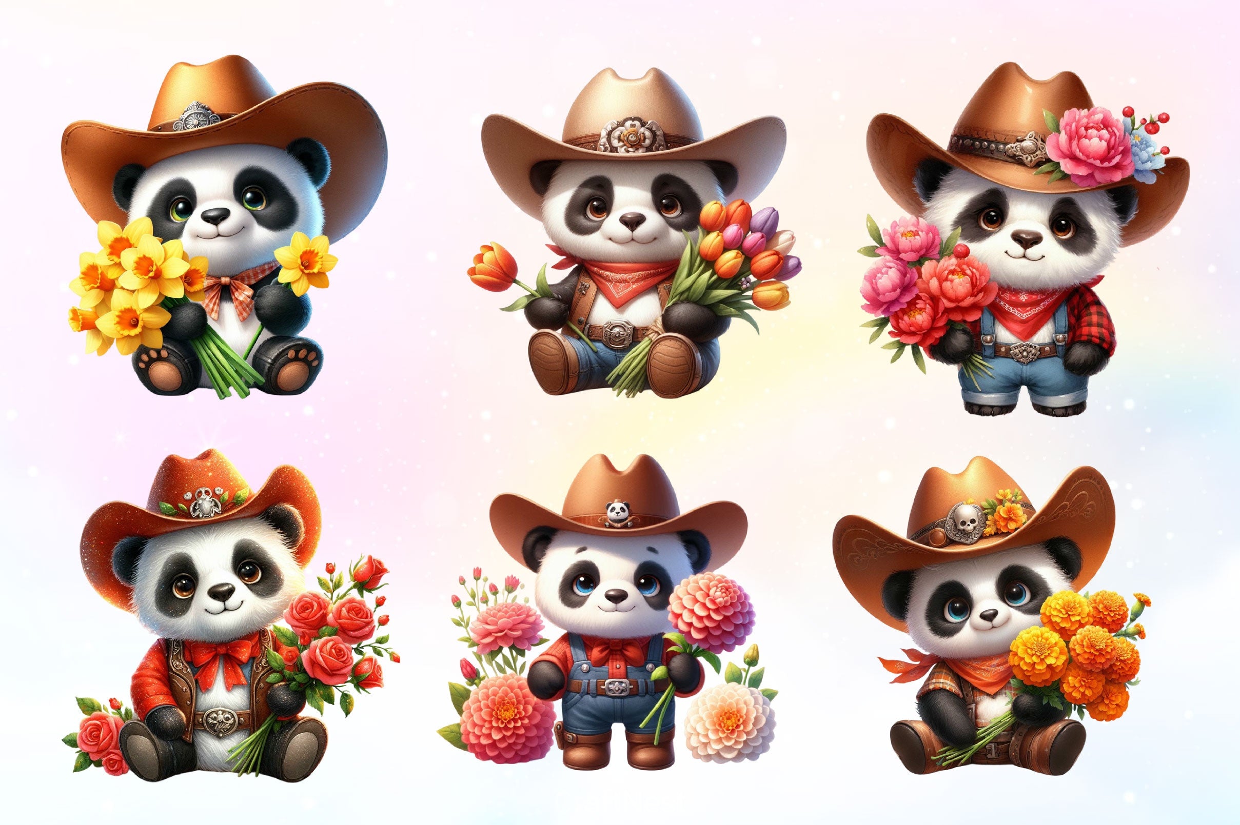 Howdy Panda With Flowers Clipart Bundle