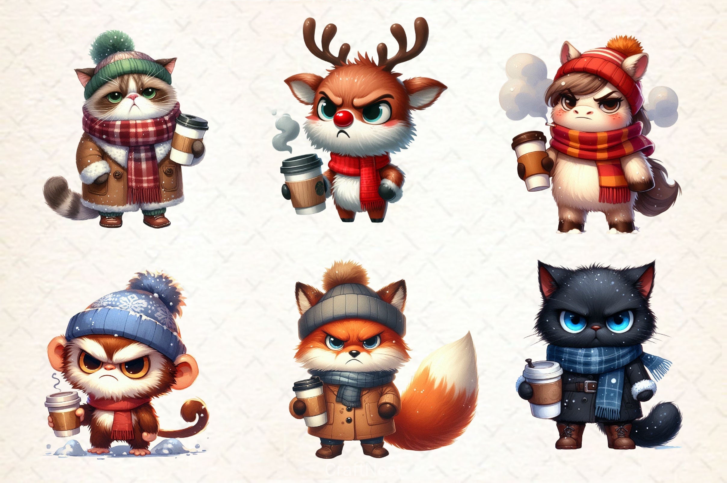 Winter Grumpy Animal Coffee Clipart Bundle 2
