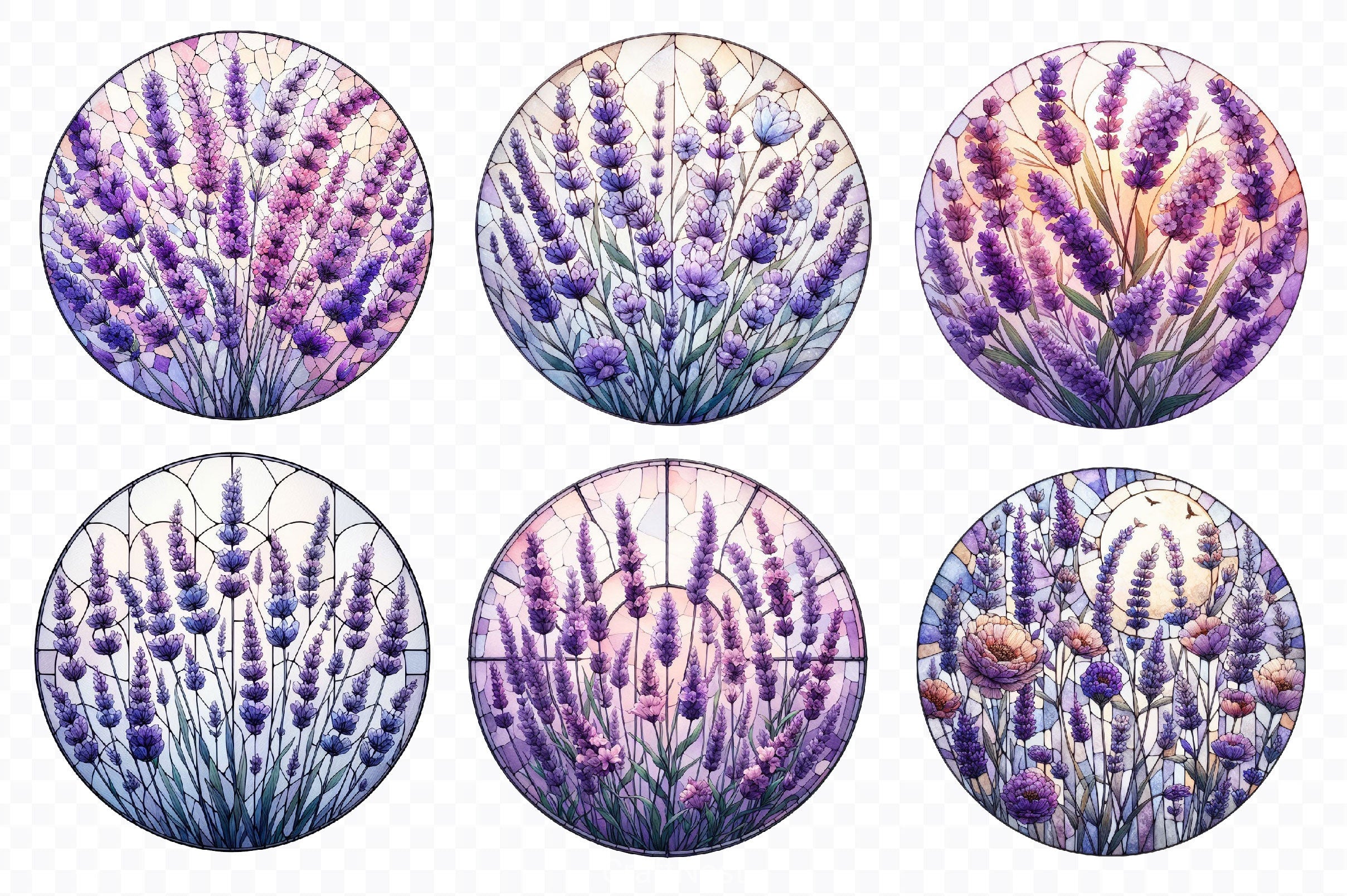 Lavender Flower Stained Glass Clipart Bundle
