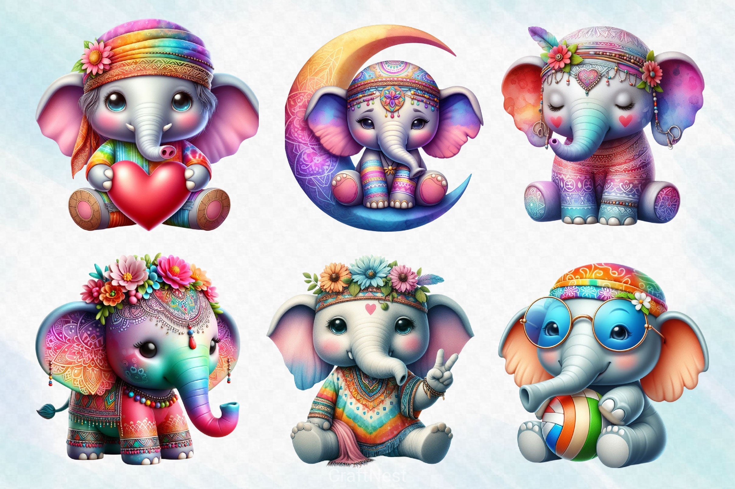 Hippie Cute Elephant Clipart Bundle