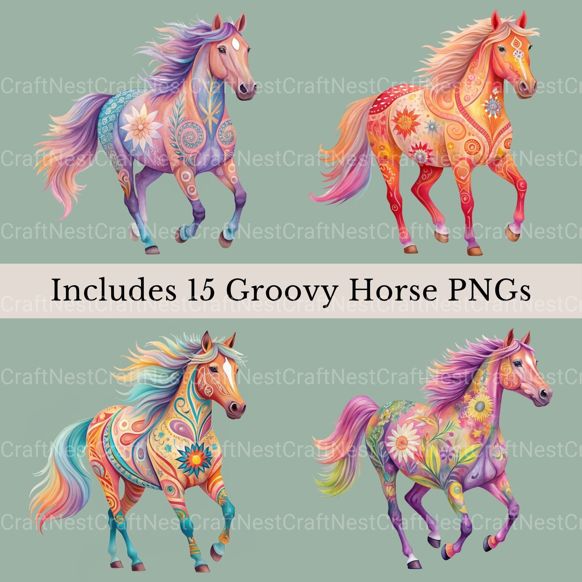 Horses Hippie Groovy Clipart Bundle