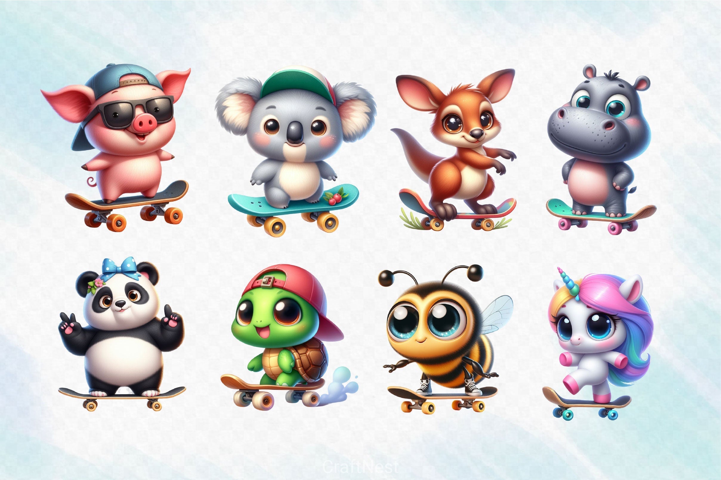 Cute Baby Animals Skateboard Clipart Bundle