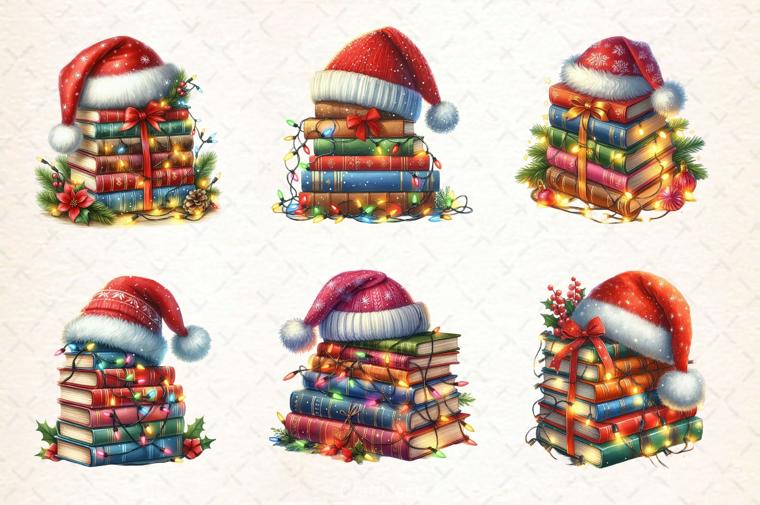 Watercolor Christmas Book Stack Clipart Bundle