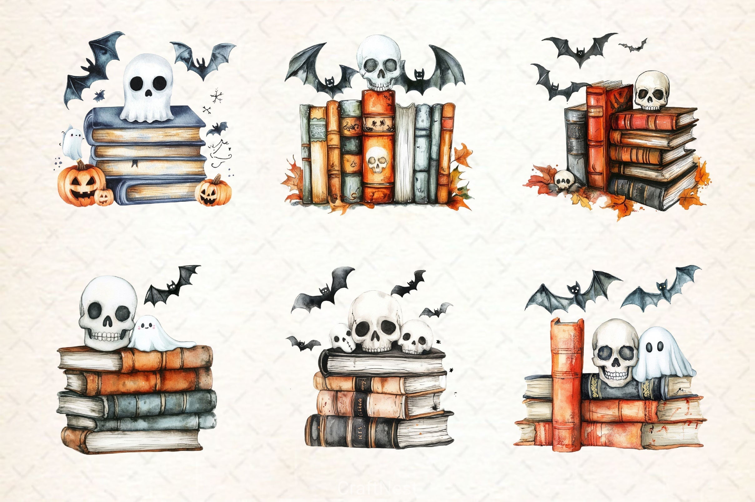 Skull Spell Books Spooky Halloween Copy Clipart Bundle